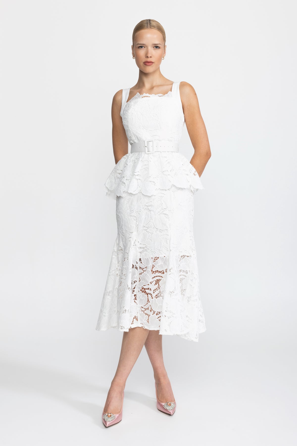 Guipure Lace Peplum Midi Dress - White