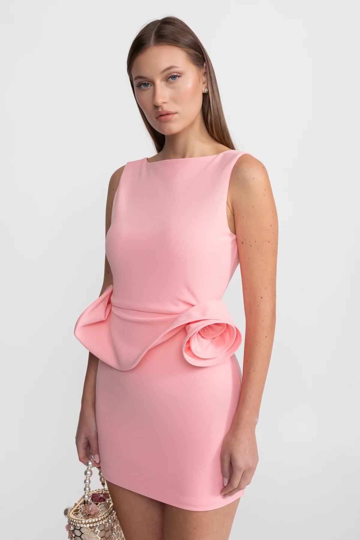 Mini Dress with Sculptural Peplum Detail - Pink