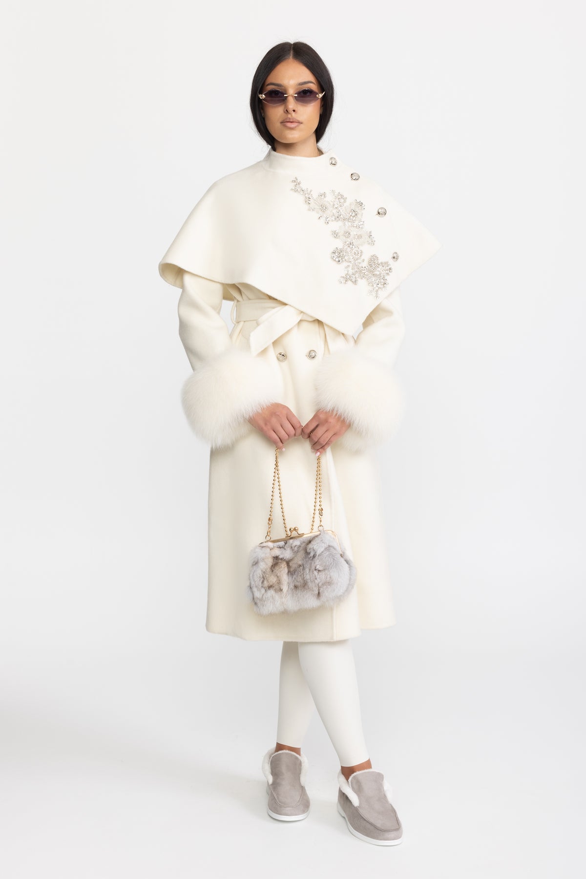 Embellished Capelet Wool Coat with Fox Fur Cuffs - Ivoire