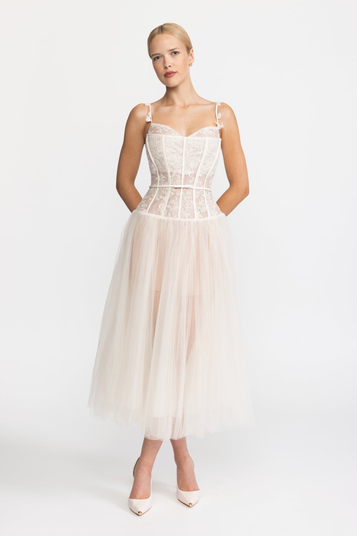 Lace Corset Tulle Midi Dress - Beige