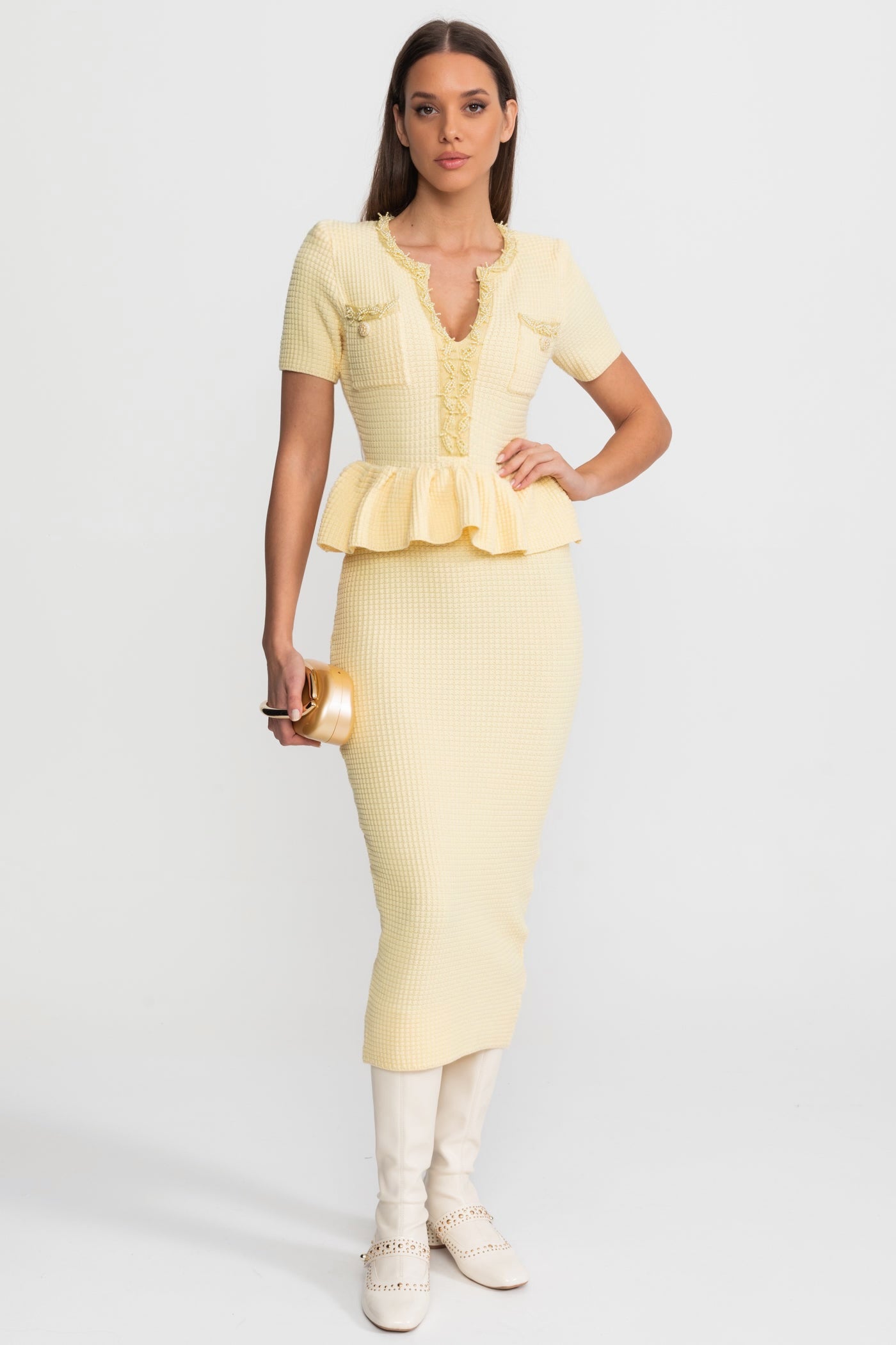 Textured Knit Midi Dress with Peplum Waist Detail – Yellow, S