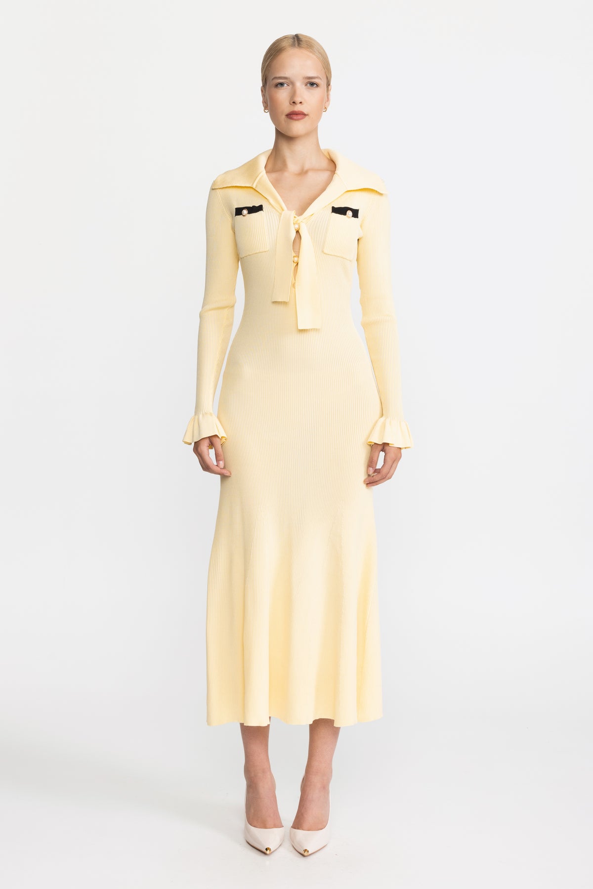 Tie Neck Rib Knit Ruffle Cuff Midi Dress - Yellow