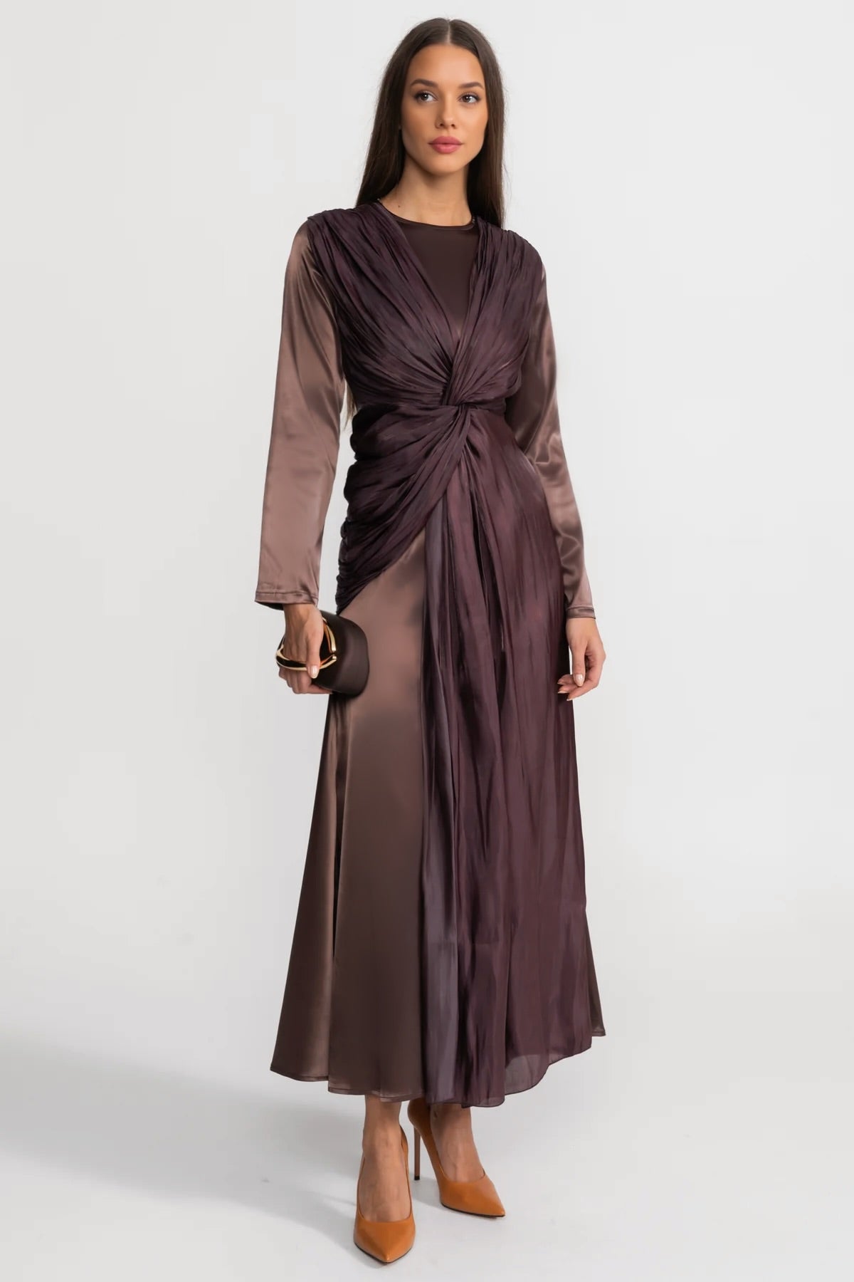 Satin Midi Dress With Draped Overlay And Knot Detail Brown Satin Midi Dress With Draped Overlay And Knot Detail Brown