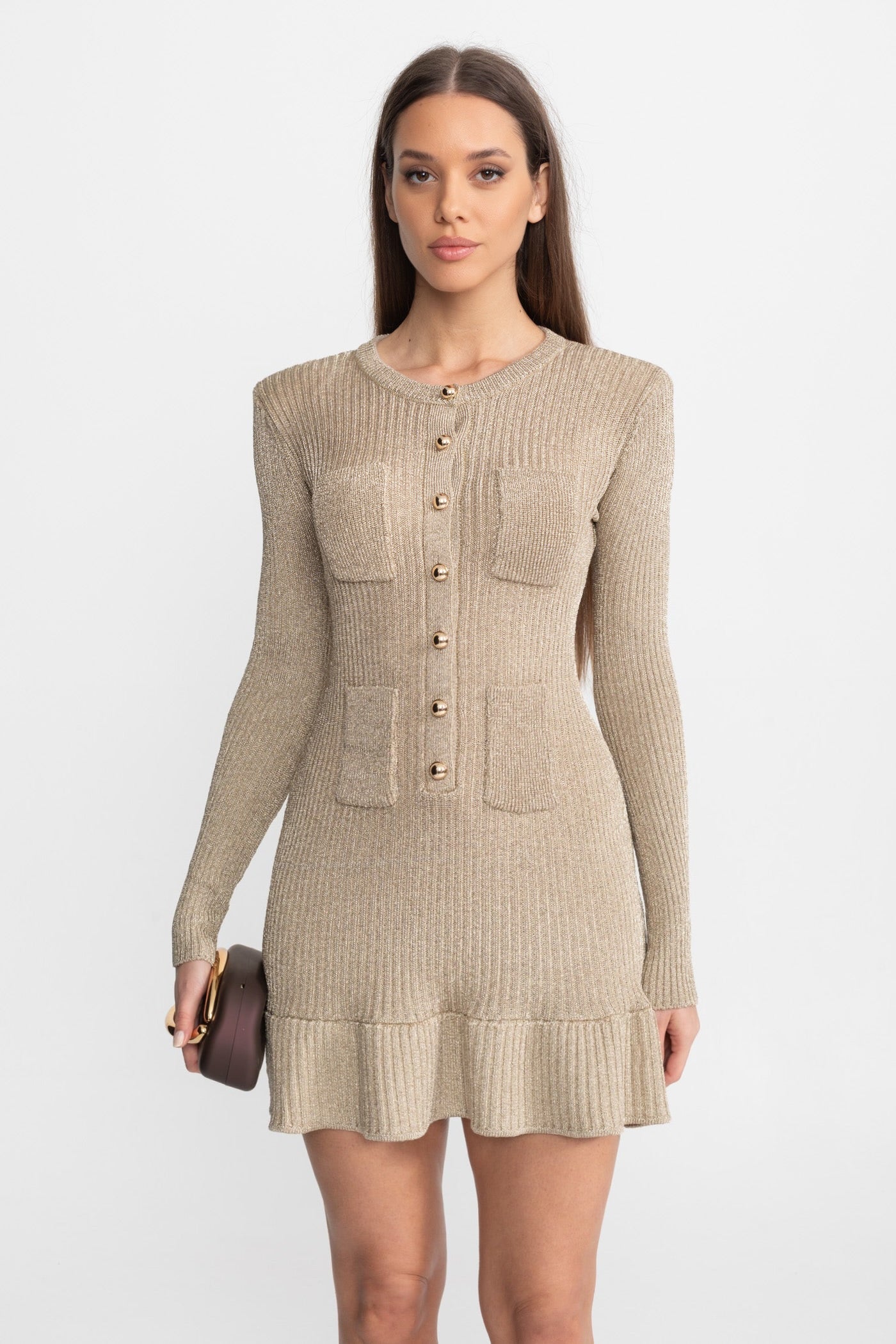 Ribbed Knit Mini Dress with Gold Button Front – Champagne, L