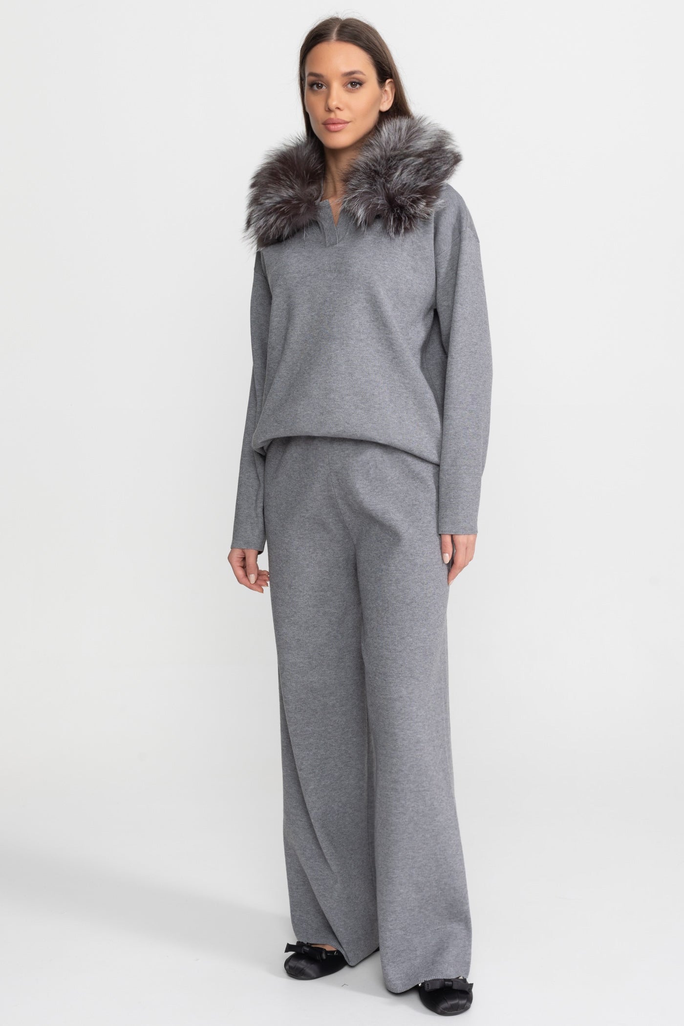Knit Lounge Co-Ord Set with Fox Fur Collar – Grey