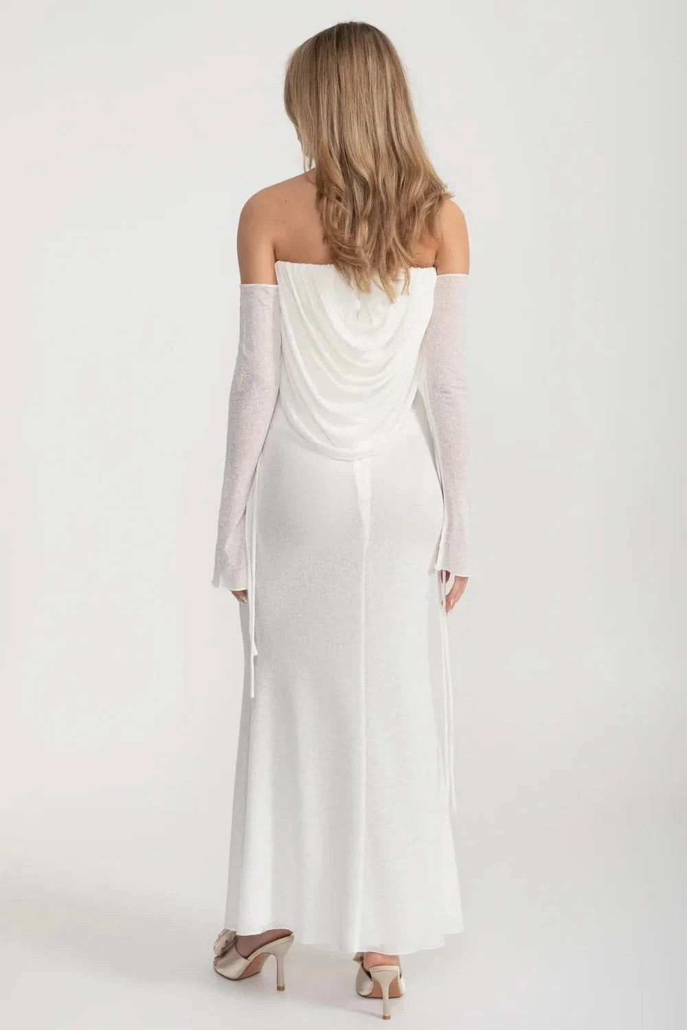 Elegant Flowing Dress With Long Sleeves, Top Draping And Central Rose Adornment - White