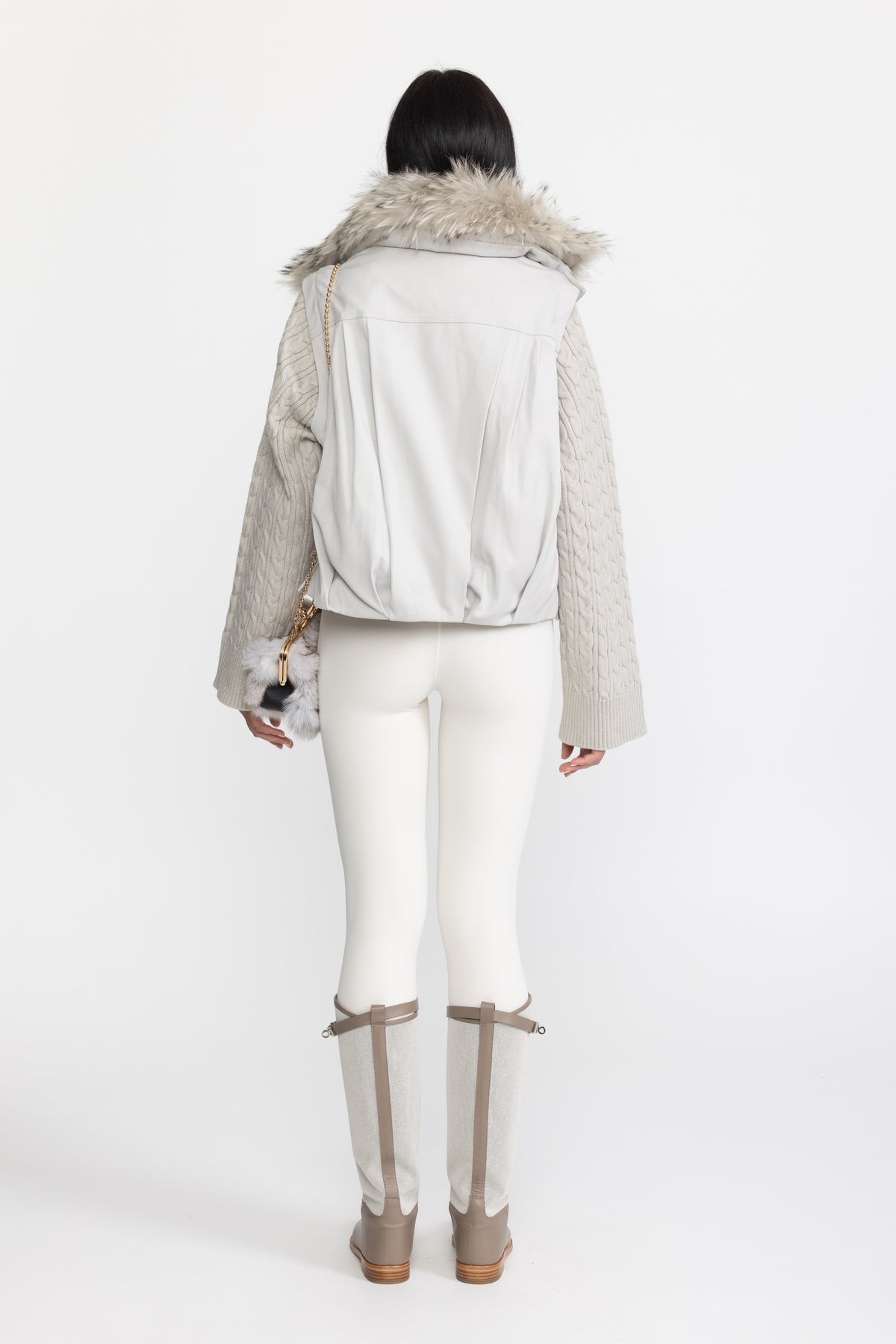 Cable Knit Sleeve Cropped Down Jacket with Raccoon Fur Collar - Light Grey