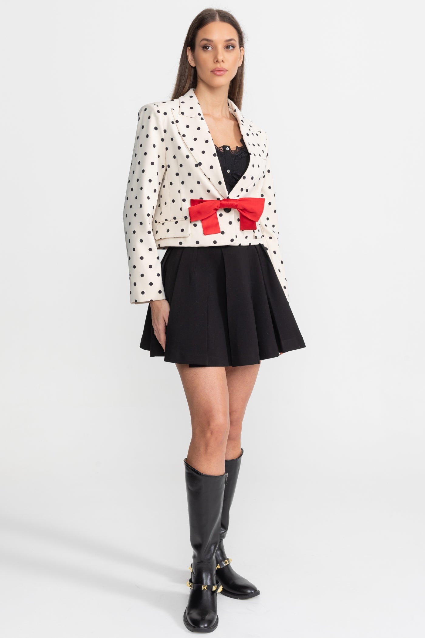 Polka Dot Cropped Blazer with Statement Bow Detail – Ivoire & Black