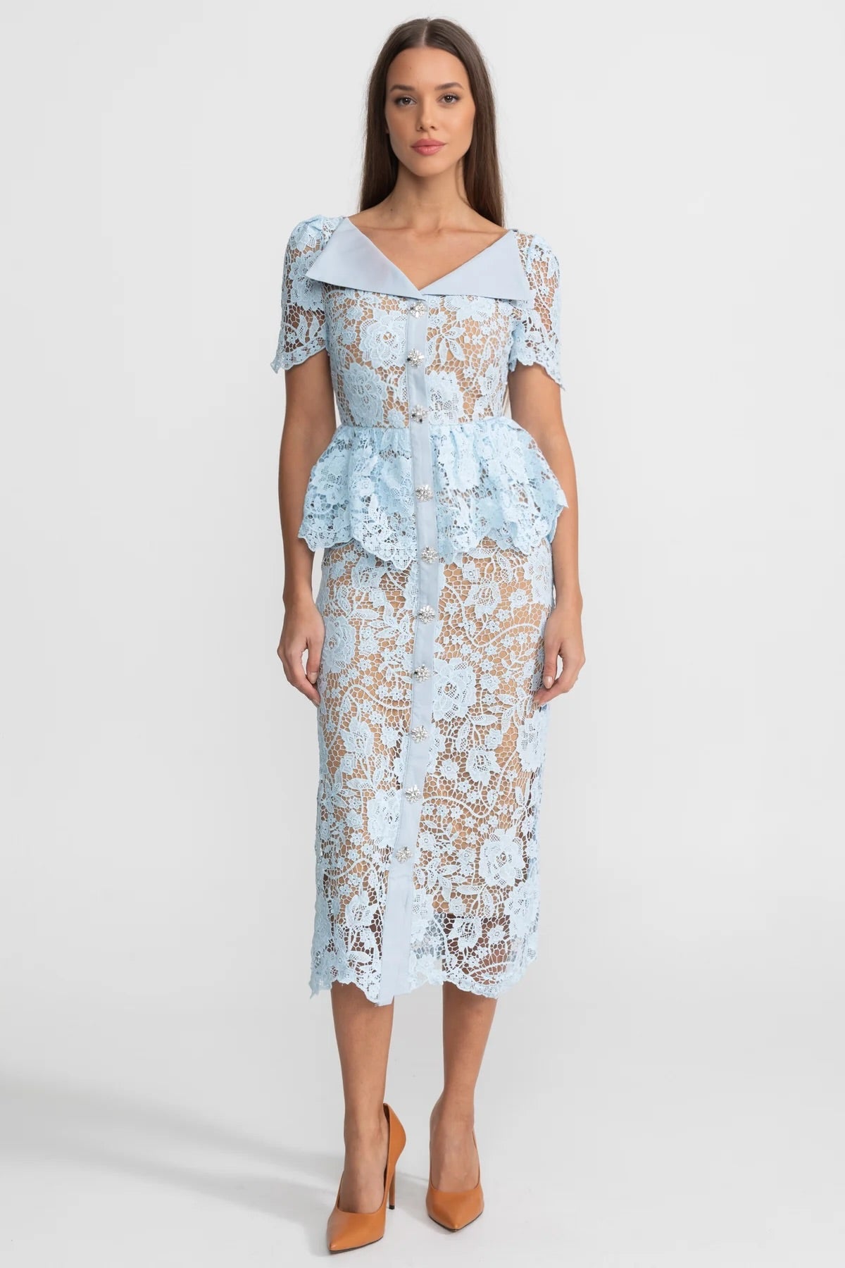 Lace Midi Dress with Peplum Waist and Satin Collar - Baby Blue, L