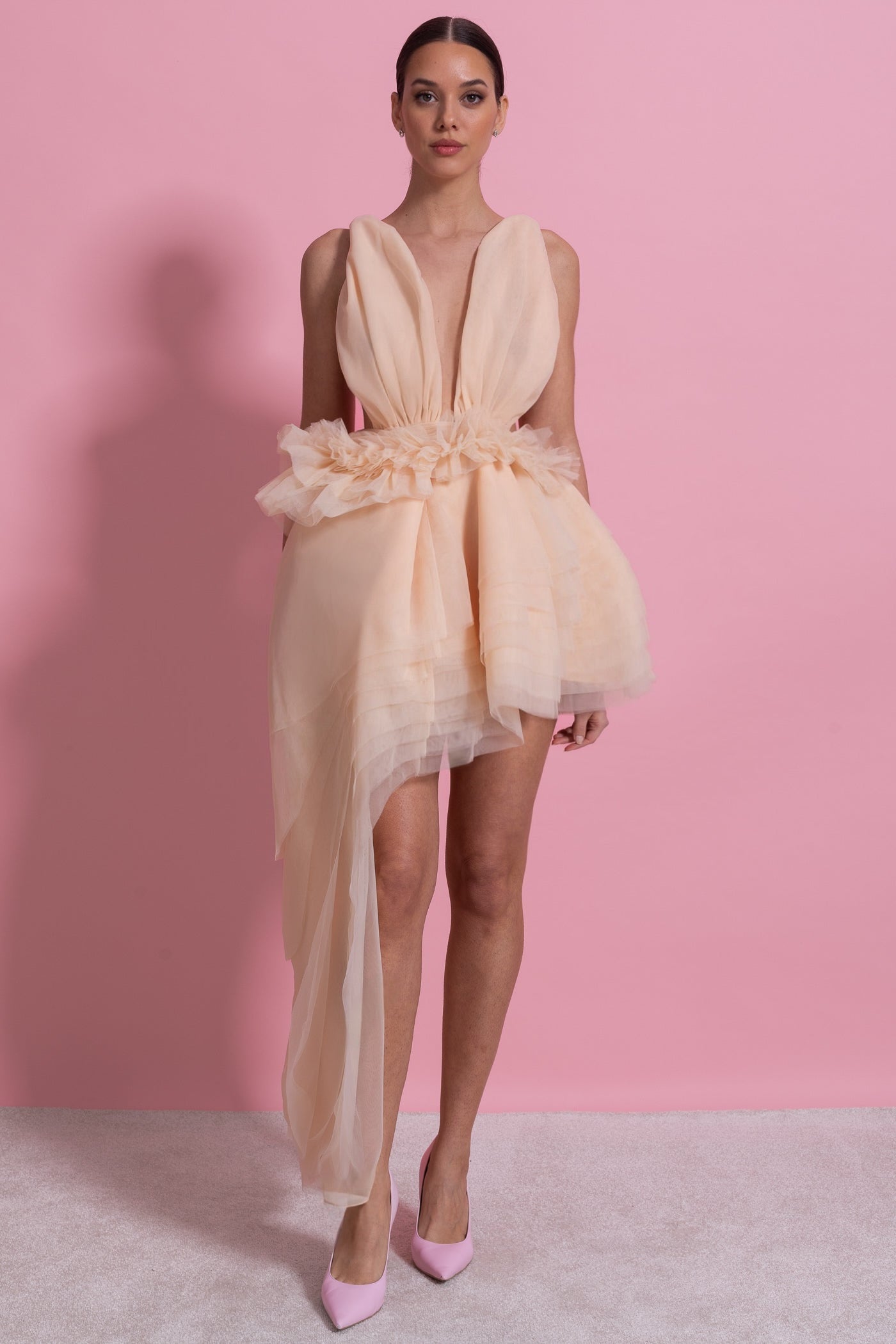 Plunging Sleeveless Mini Dress With Asymmetric Tulle Train - Champagne