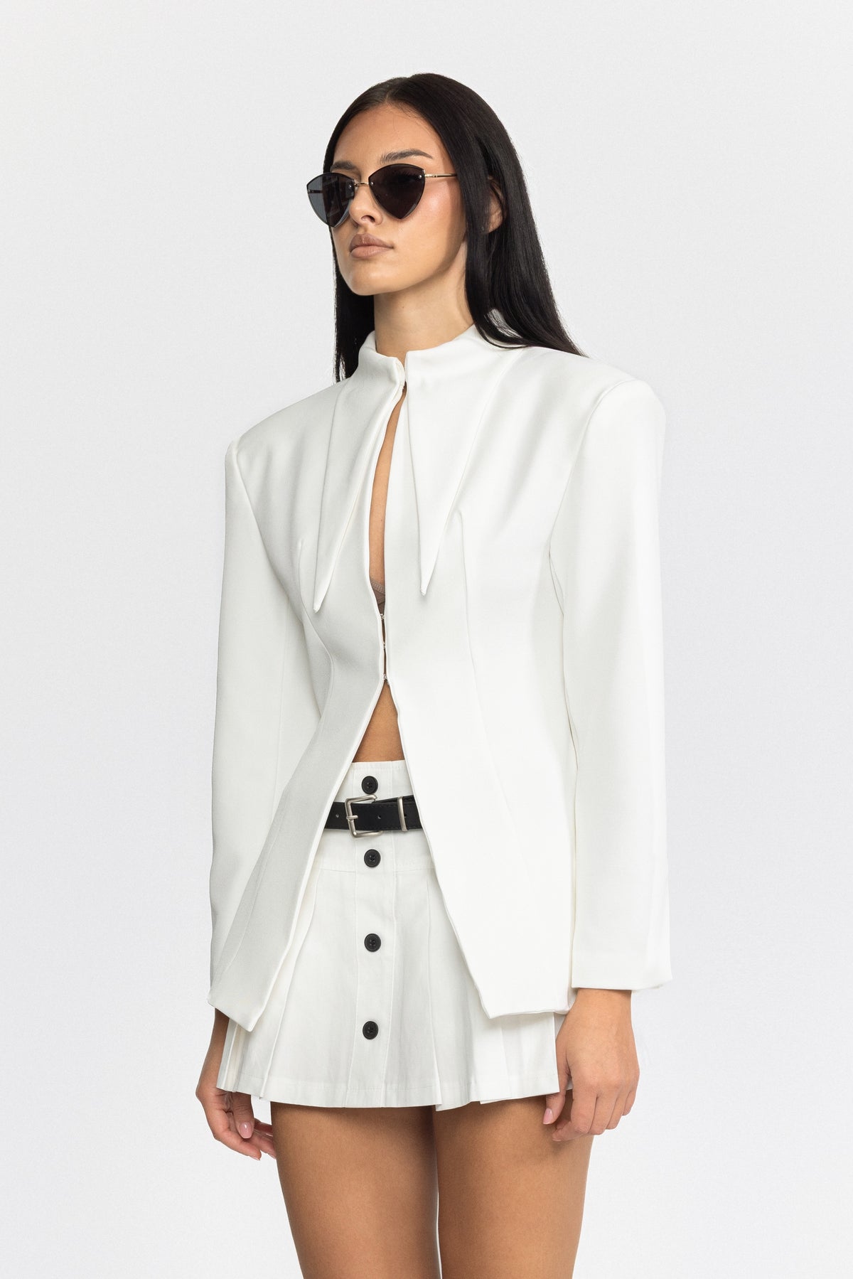 Belted Pleated Button Front Mini Skirt - White