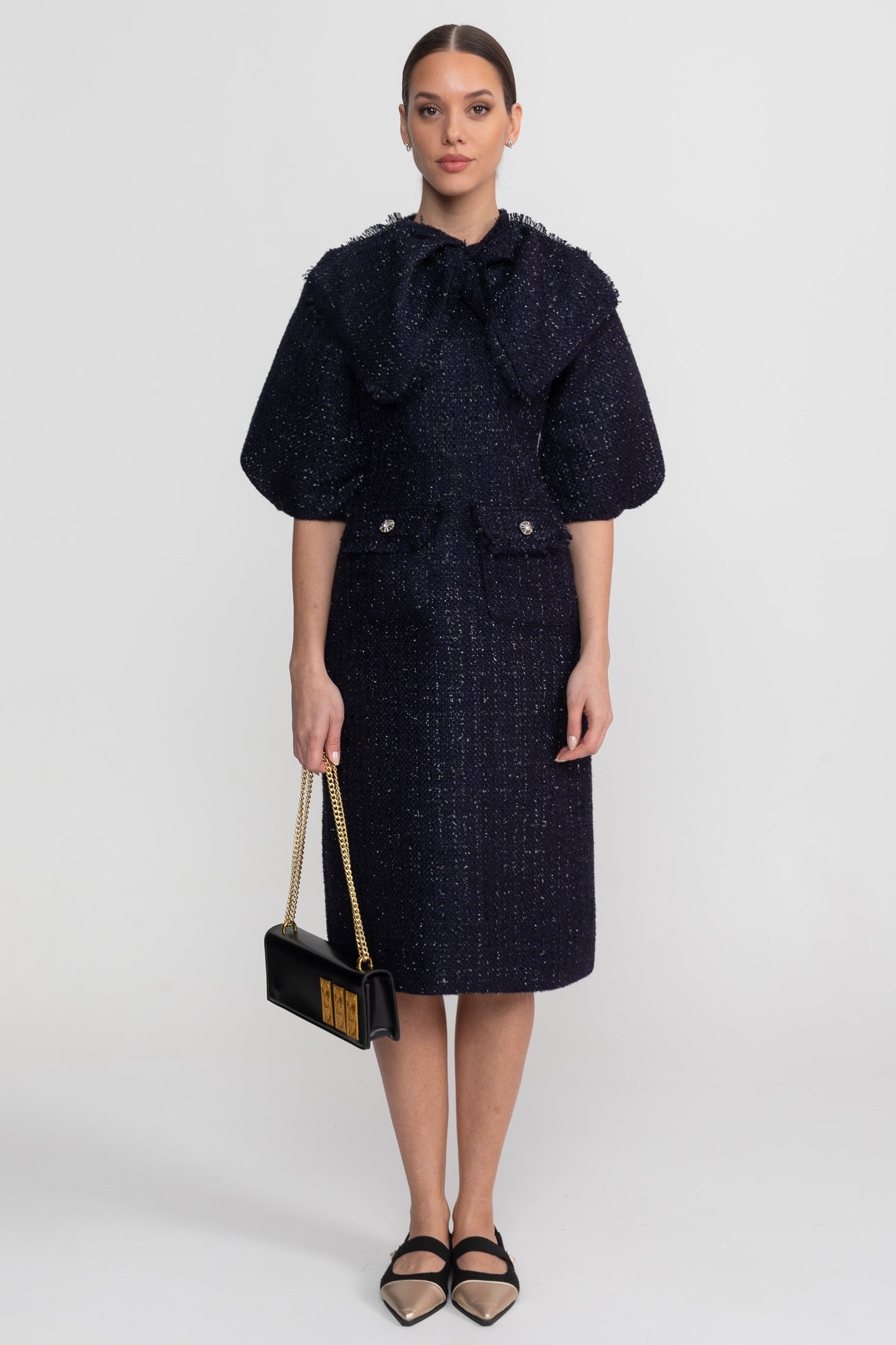 Tweed Midi Dress With Oversized Bow Neck Detail - Navy