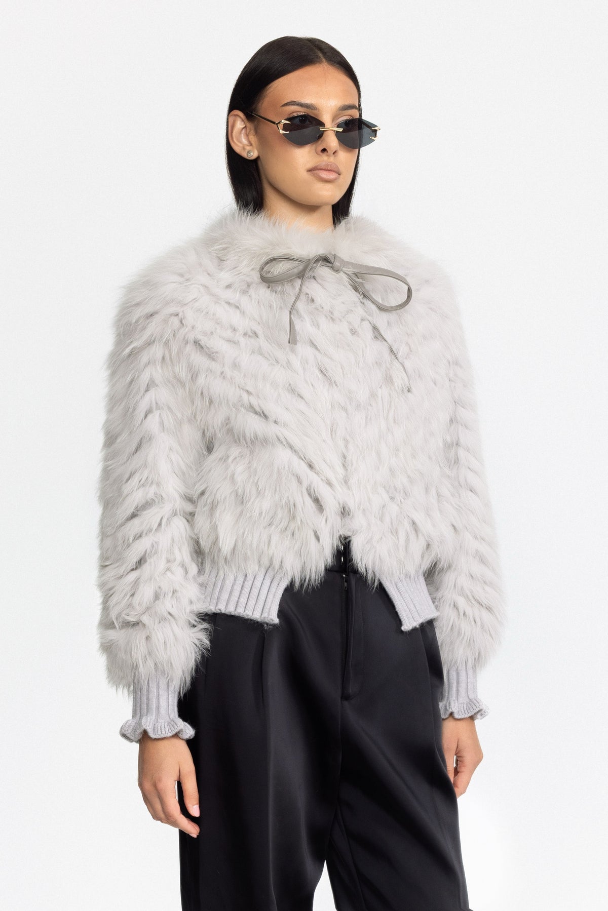 Knitted Fox Fur Bomber Jacket with Tie Neck - Grey