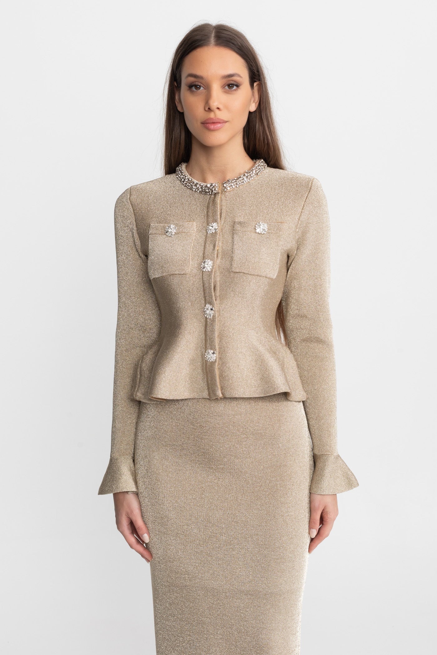 Shimmer Knit Dress with Crystal Button Accents – Champagne