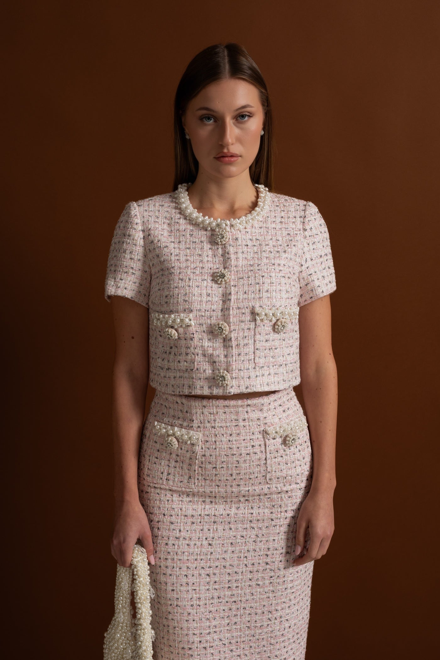 Short Sleeve Pearl-Embellished Top With Sparkling Buttons - Pink