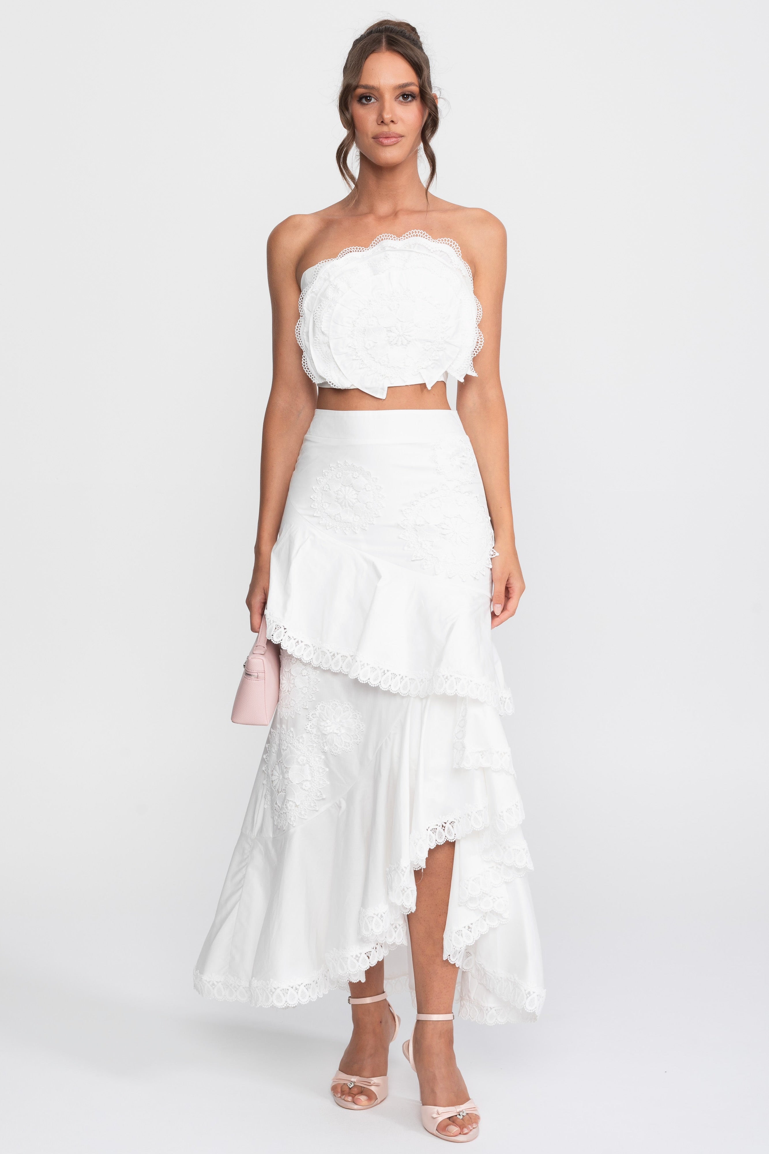 Crochet Medallion Two-Piece Set With Ruffled Maxi Skirt - White