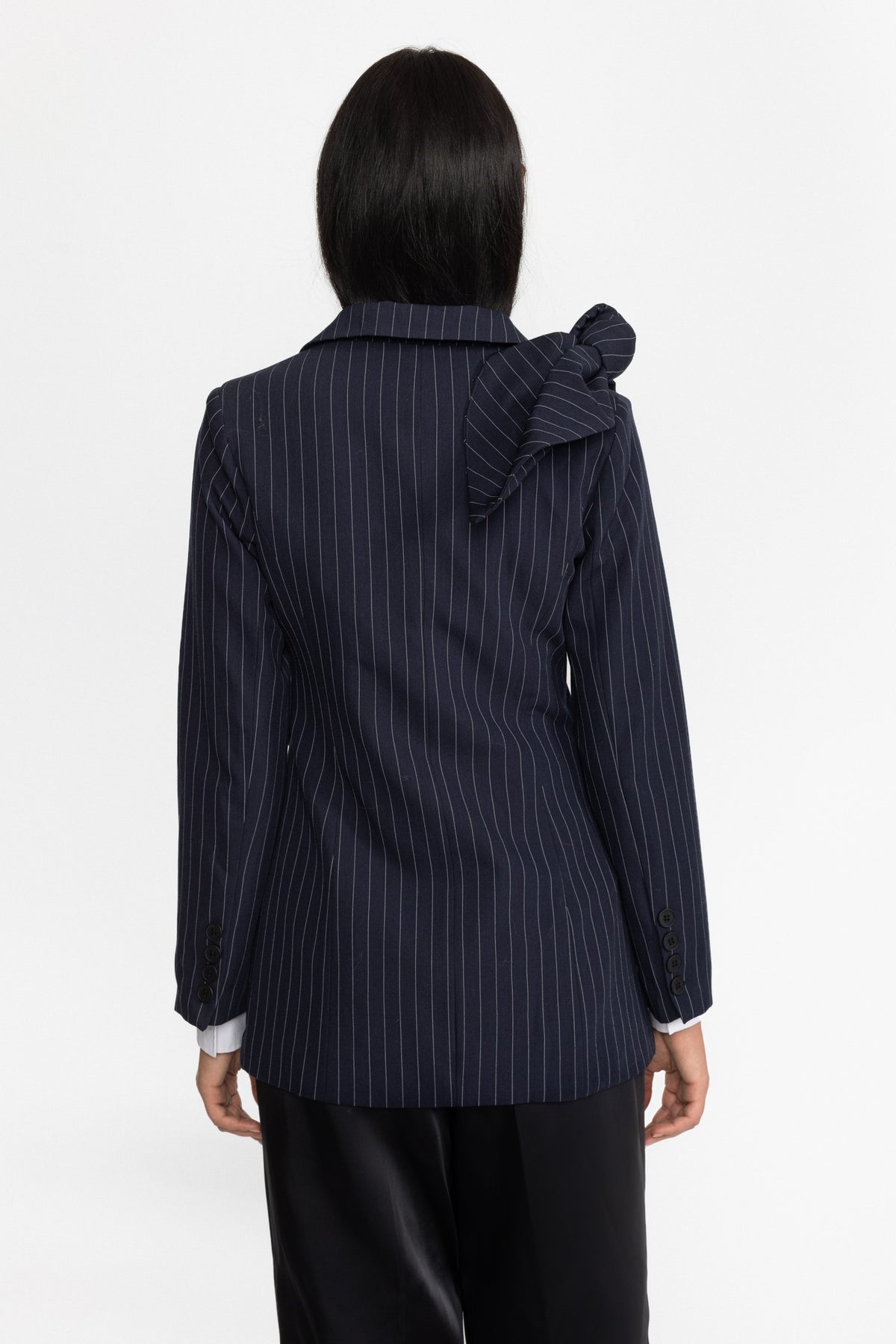 Pinstripe Knotted Bow Blazer - Navy