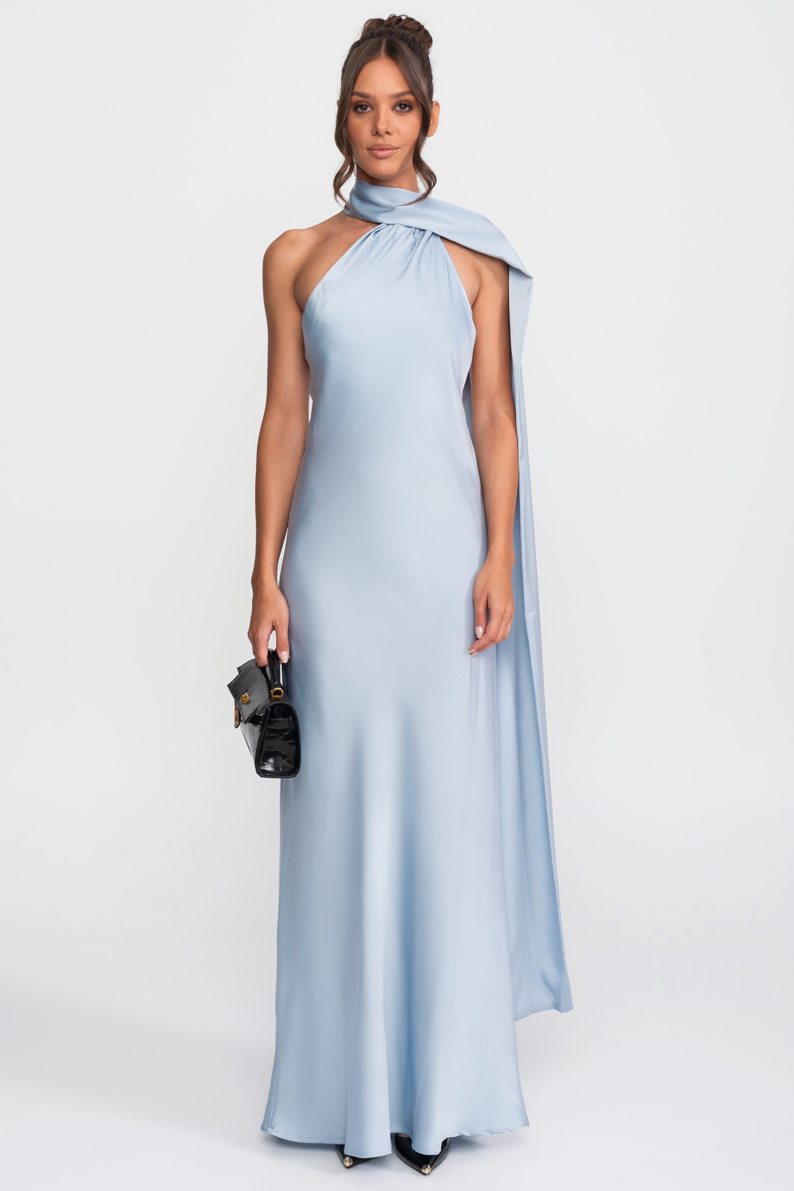 Twist Halter Satin Slip Dress With Asymmetric Neckline - Blue
