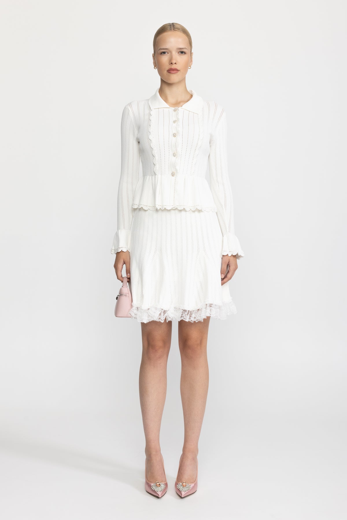 Pointelle Knit Peplum Cardigan and Lace Hem Skirt Co-ord Set - White