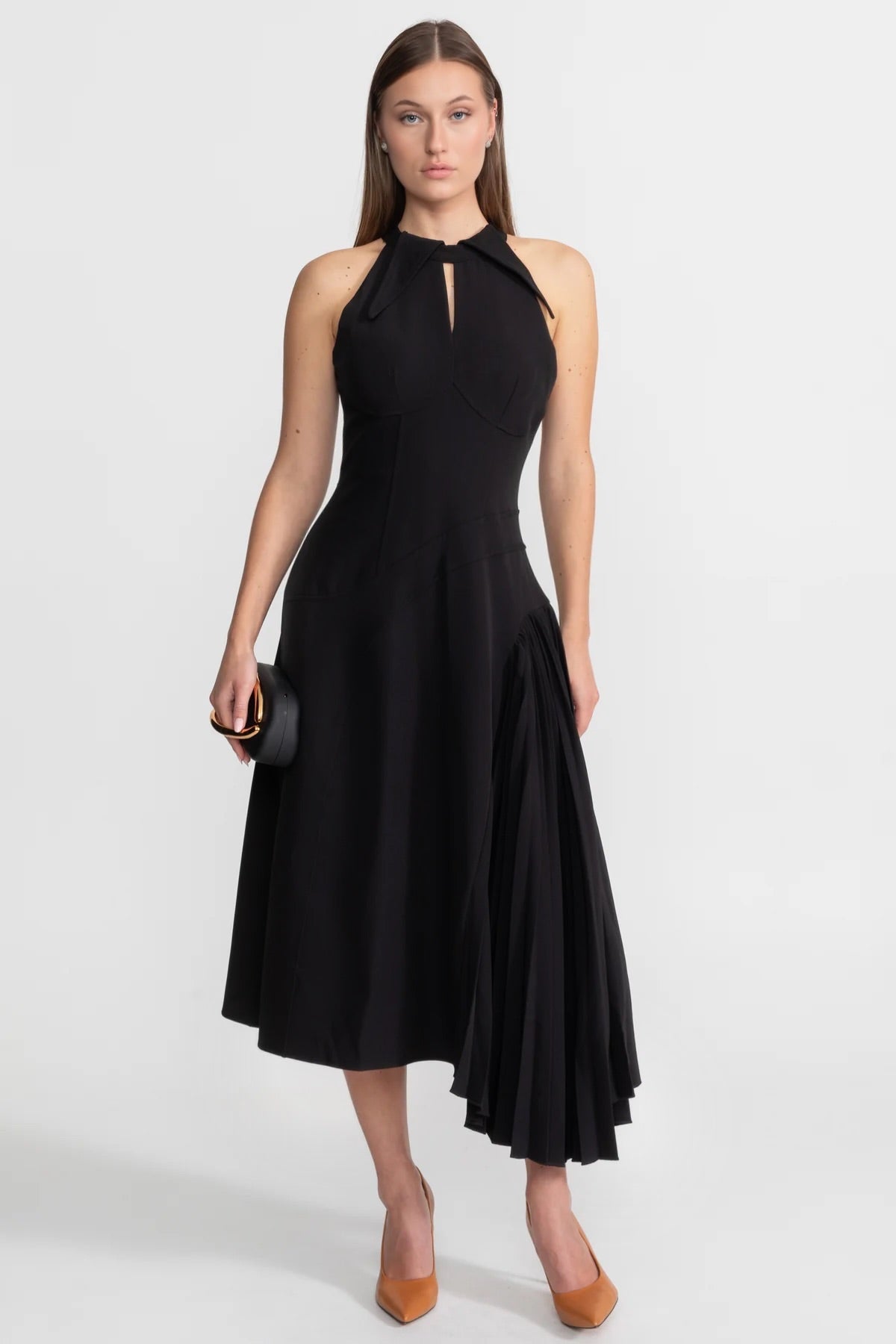 Pleated Halter Midi Dress With Keyhole Detail - Black, L Pleated Halter Midi Dress With Keyhole Detail - Black, L