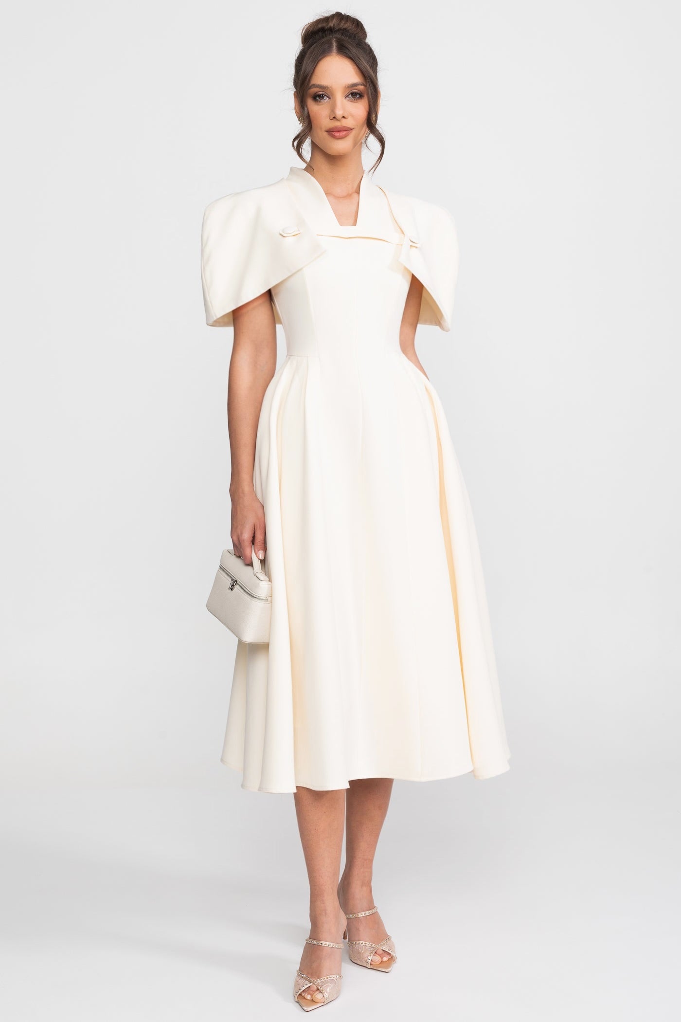 A-Line Midi Dress With Structured Cape Shoulders - Cream