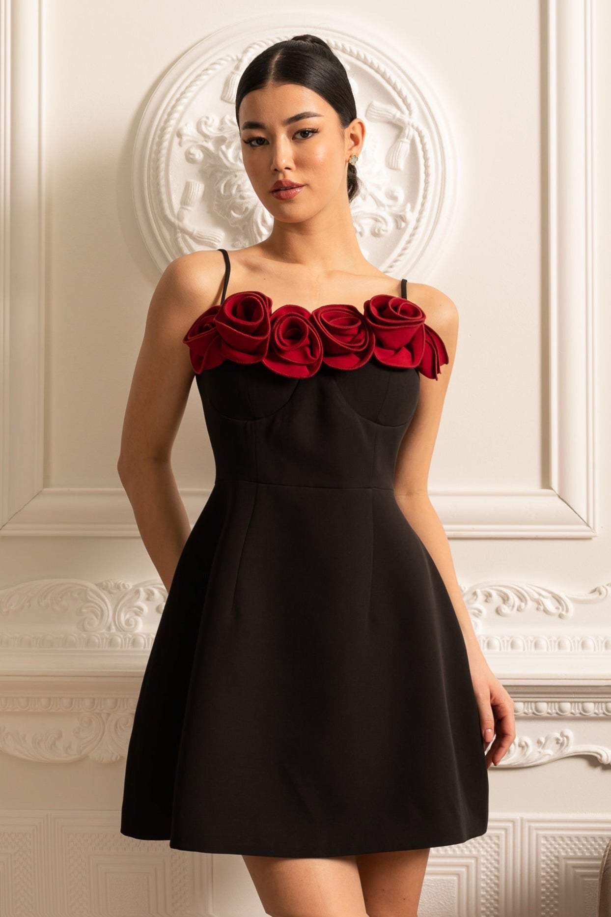 Sleeveless Mini Dress With Flared Skirt And Red Rose Embellishments - Black XS Sleeveless Mini Dress With Flared Skirt And Red Rose Embellishments - Black XS