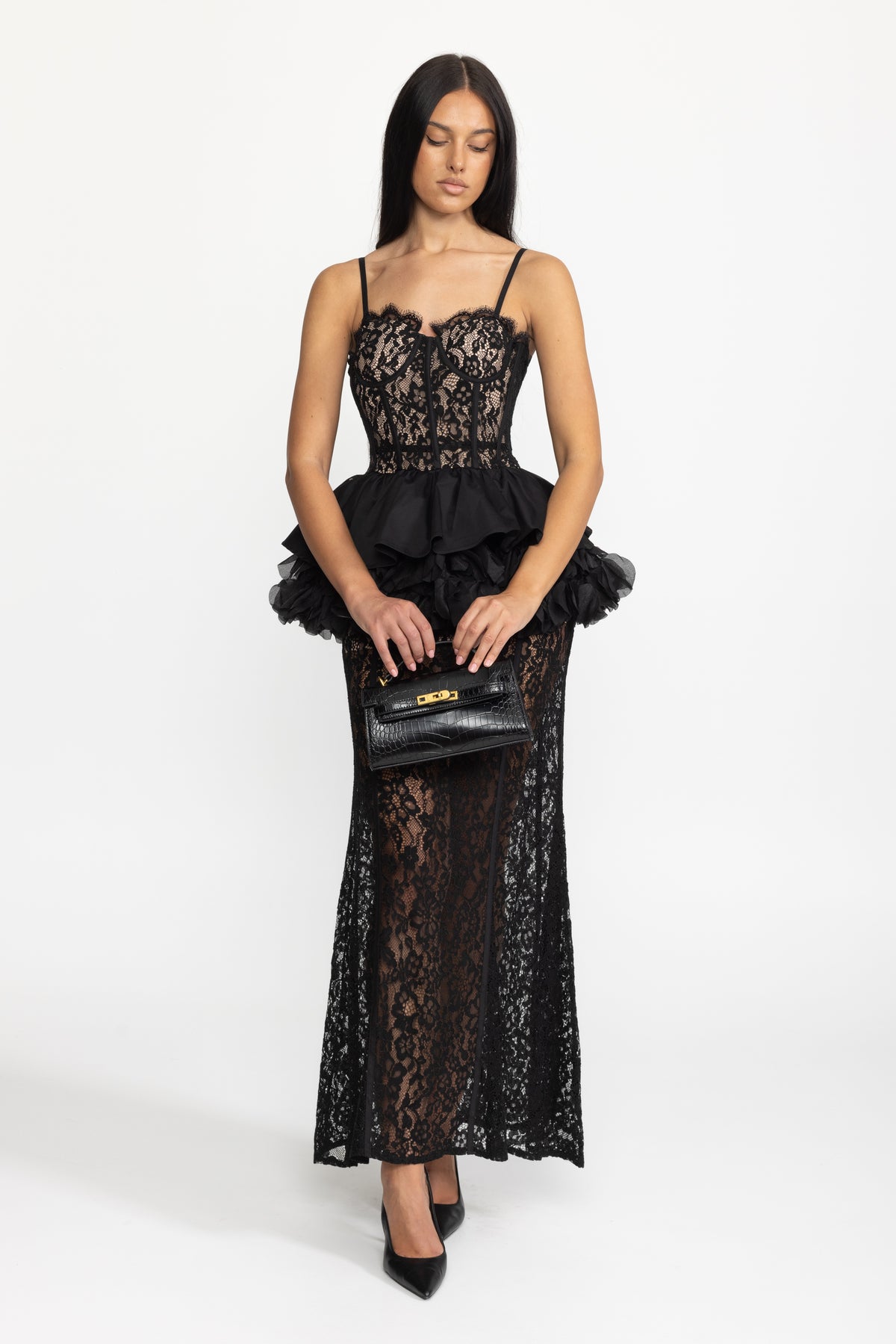 Lace Corset Ruffle Peplum Maxi Dress - Black