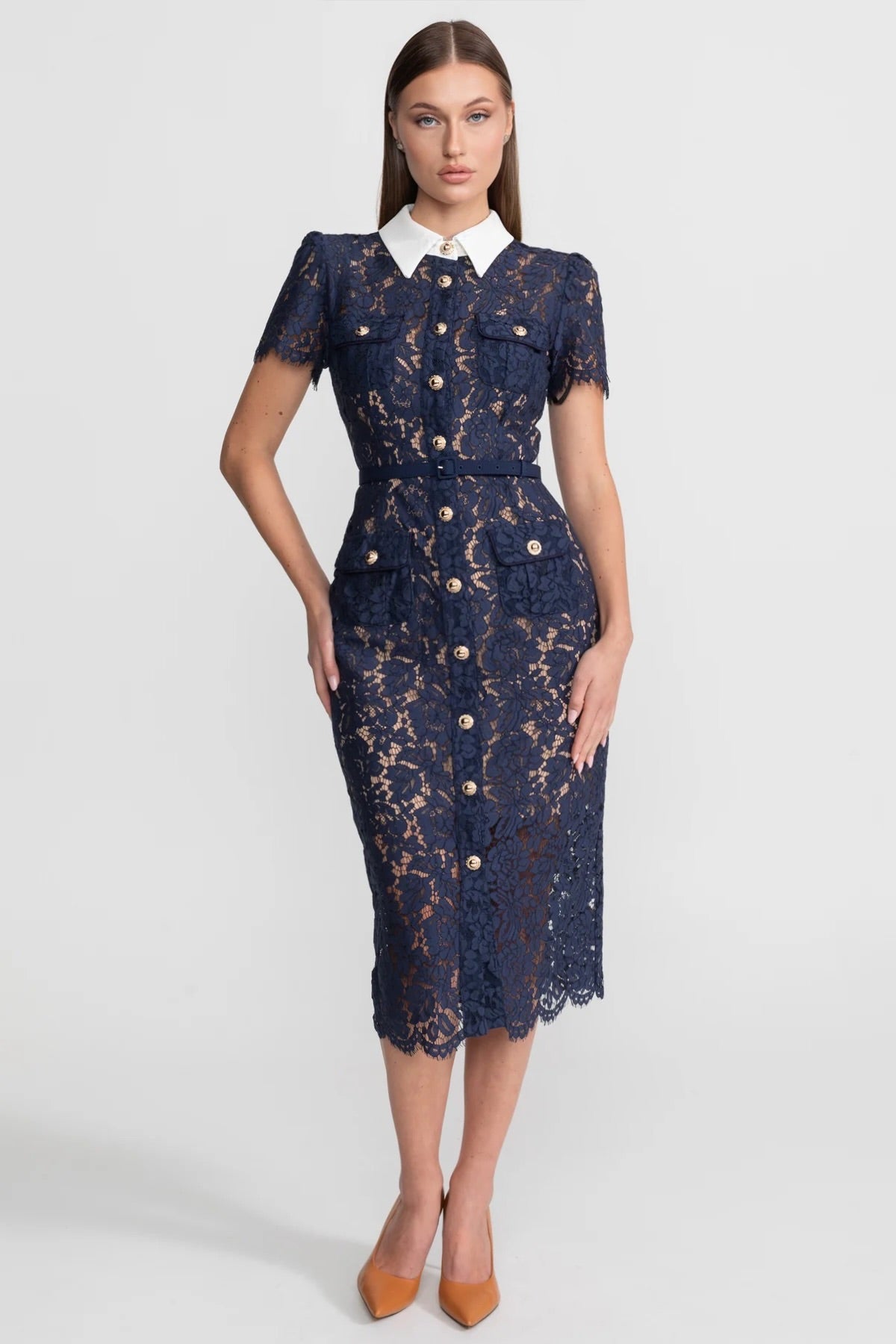 Floral Lace Midi Dress with Tailored Collar and Belted Waist