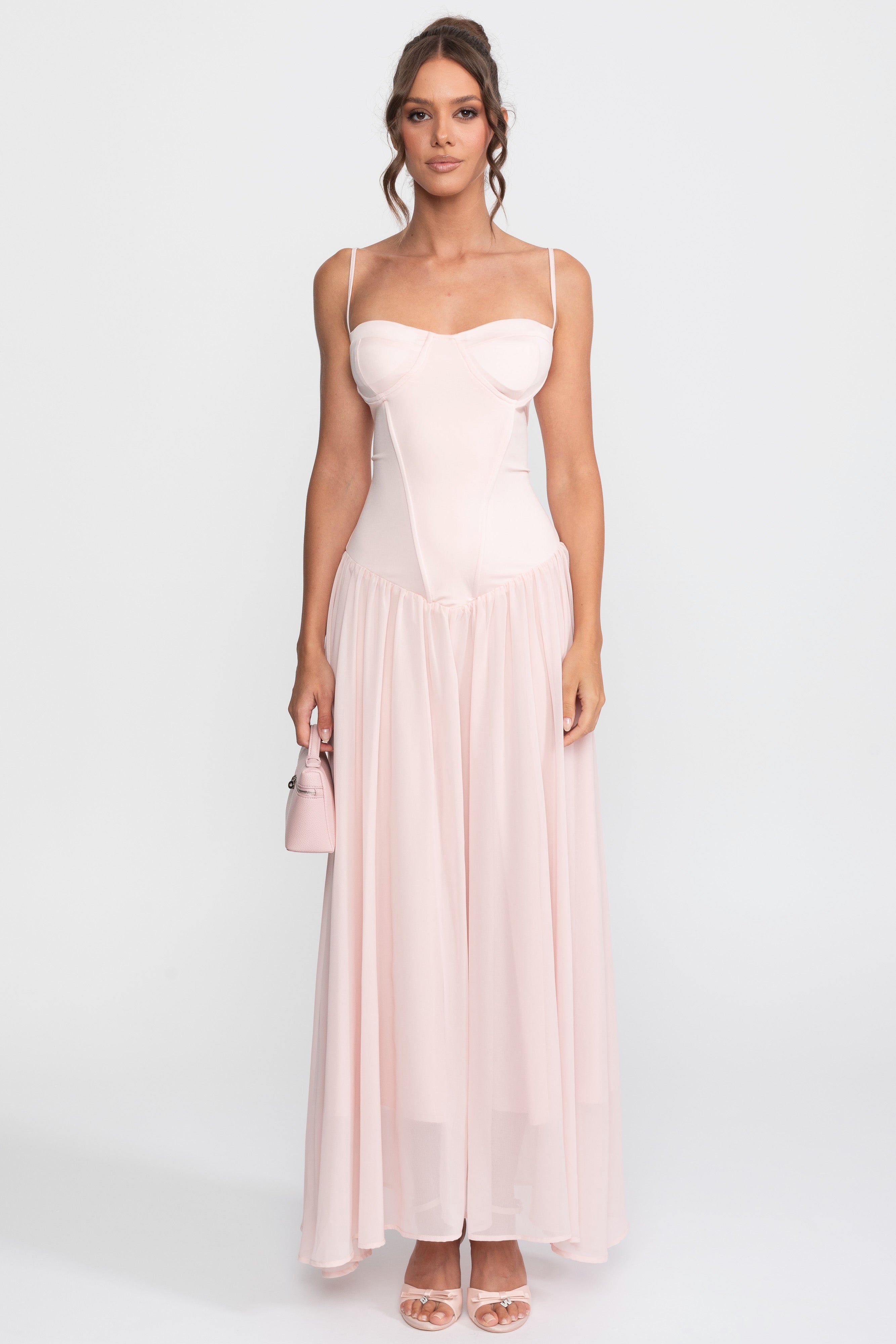 Corset Bodice Chiffon Gown With Dropped Waist - Pink