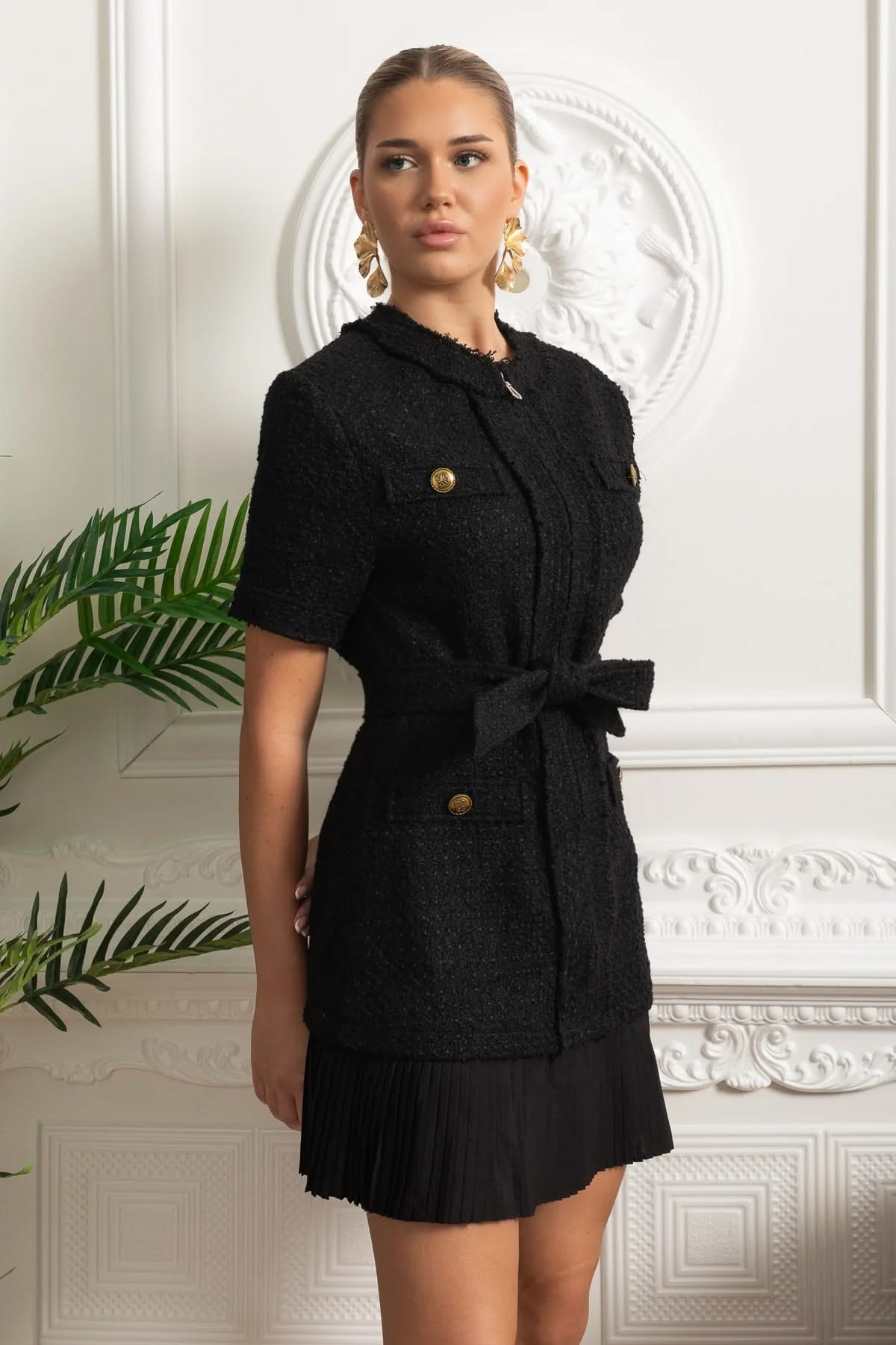 Bouclé Mini Dress With Belted Waist And Pleated Hem - Black