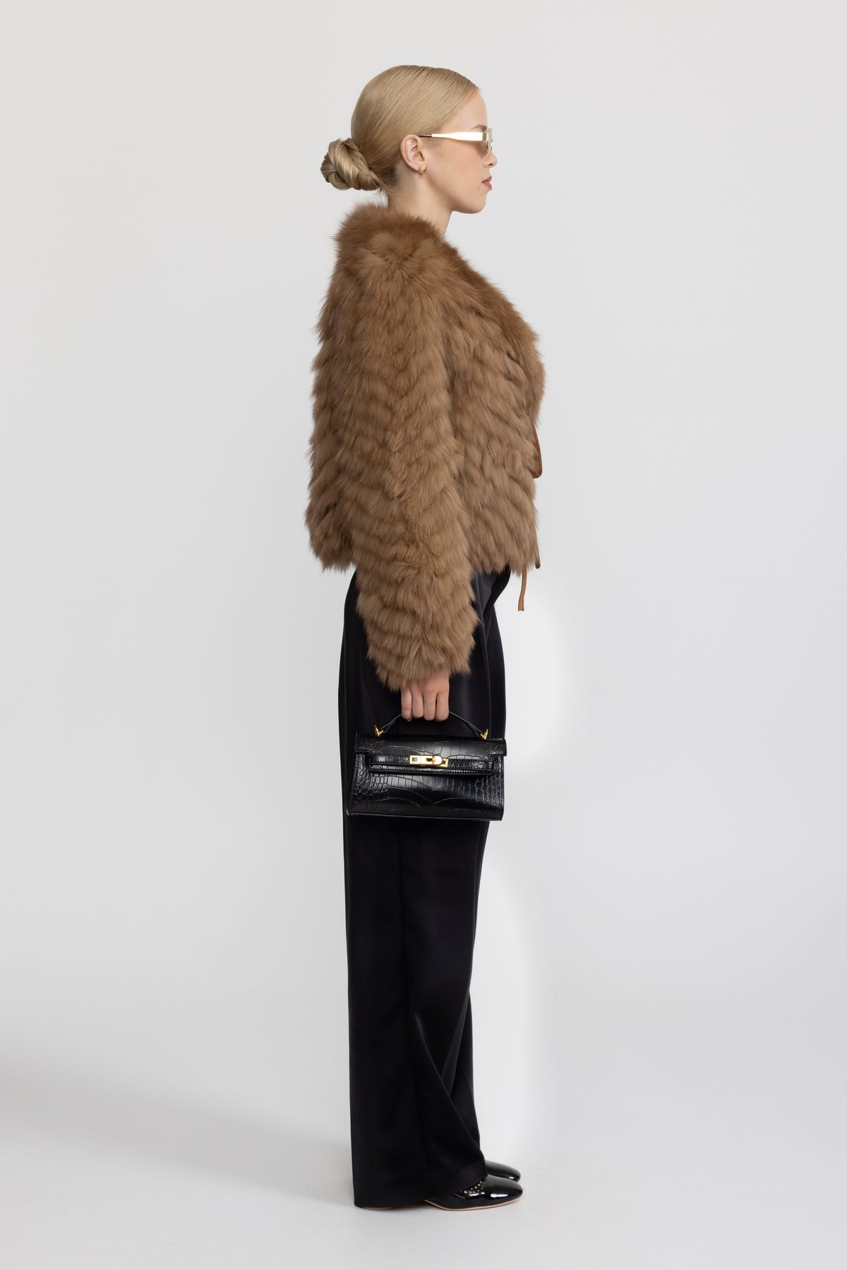 Chevron Fox Fur Cropped Tie Jacket - Camel