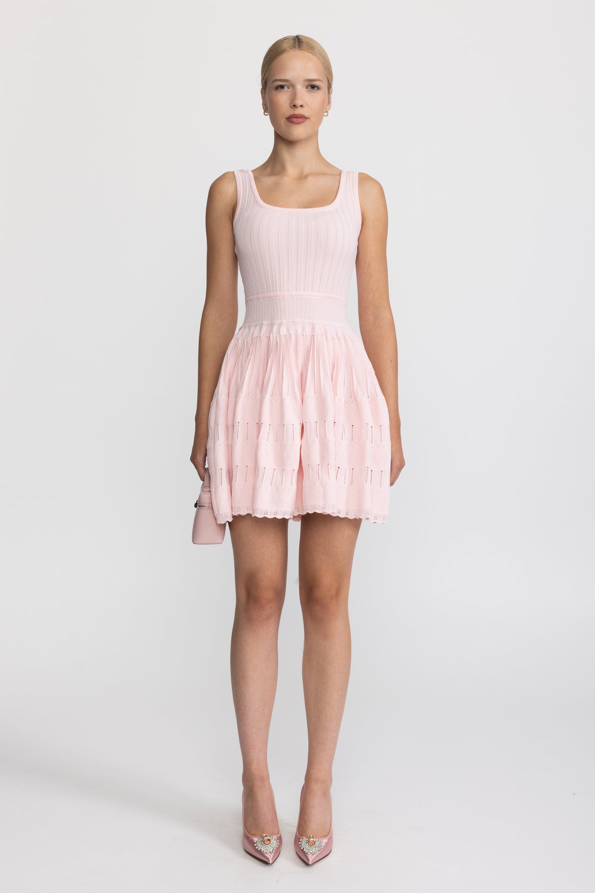 Pointelle Knit Skater Mini Dress - Pink
