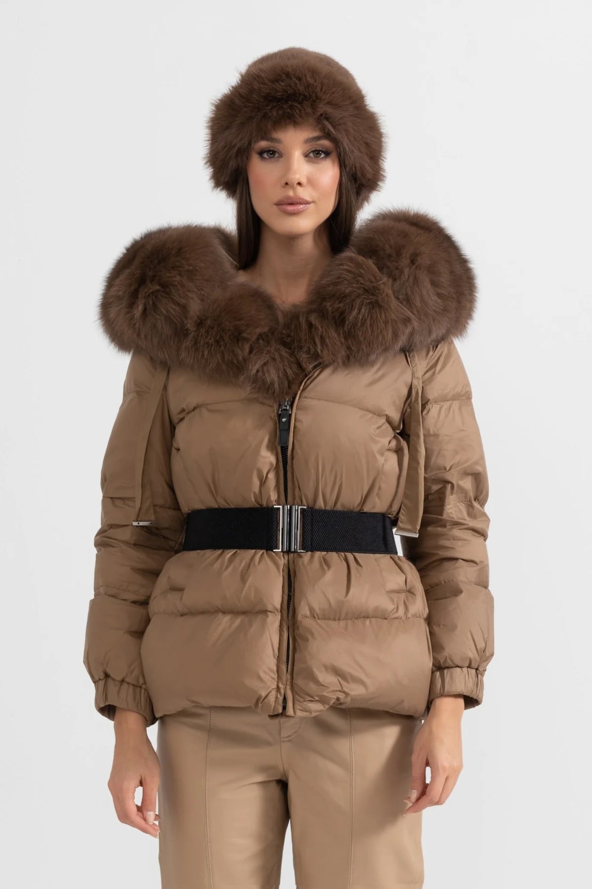 Puffer Jacket With Waistbelt And Brown Fox Fur-Lined Hood - Brown