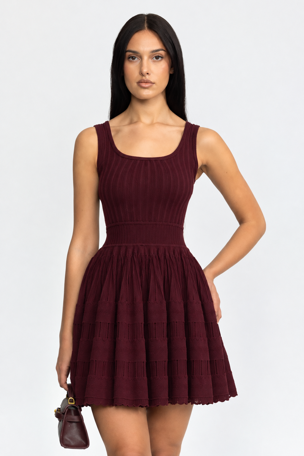 Pointelle Knit Skater Mini Dress - Wine
