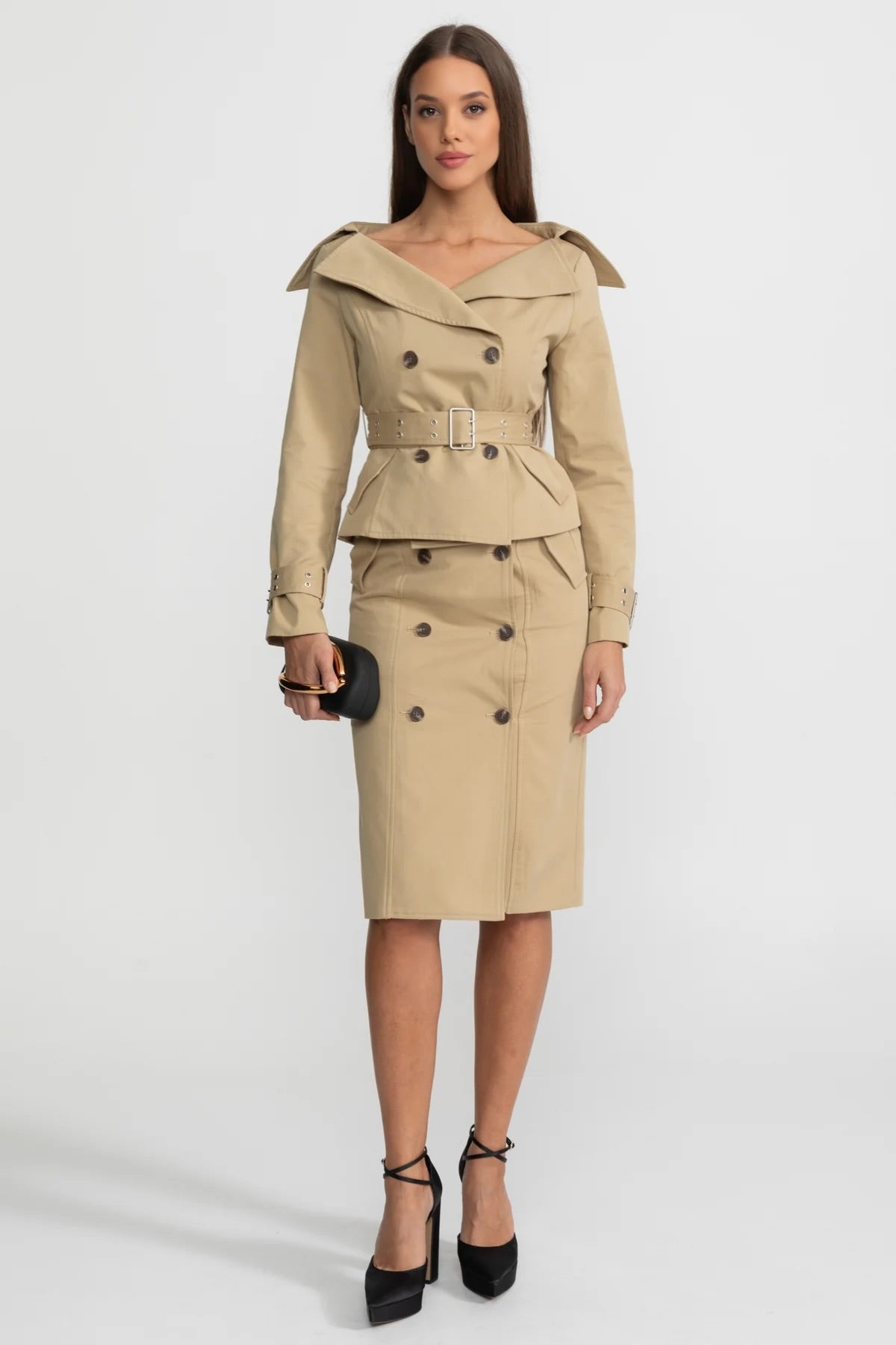 Off-Shoulder Peplum Trench Jacket and Pencil Skirt Co-Ord Set – Khaki Off-Shoulder Peplum Trench Jacket and Pencil Skirt Co-Ord Set – Khaki