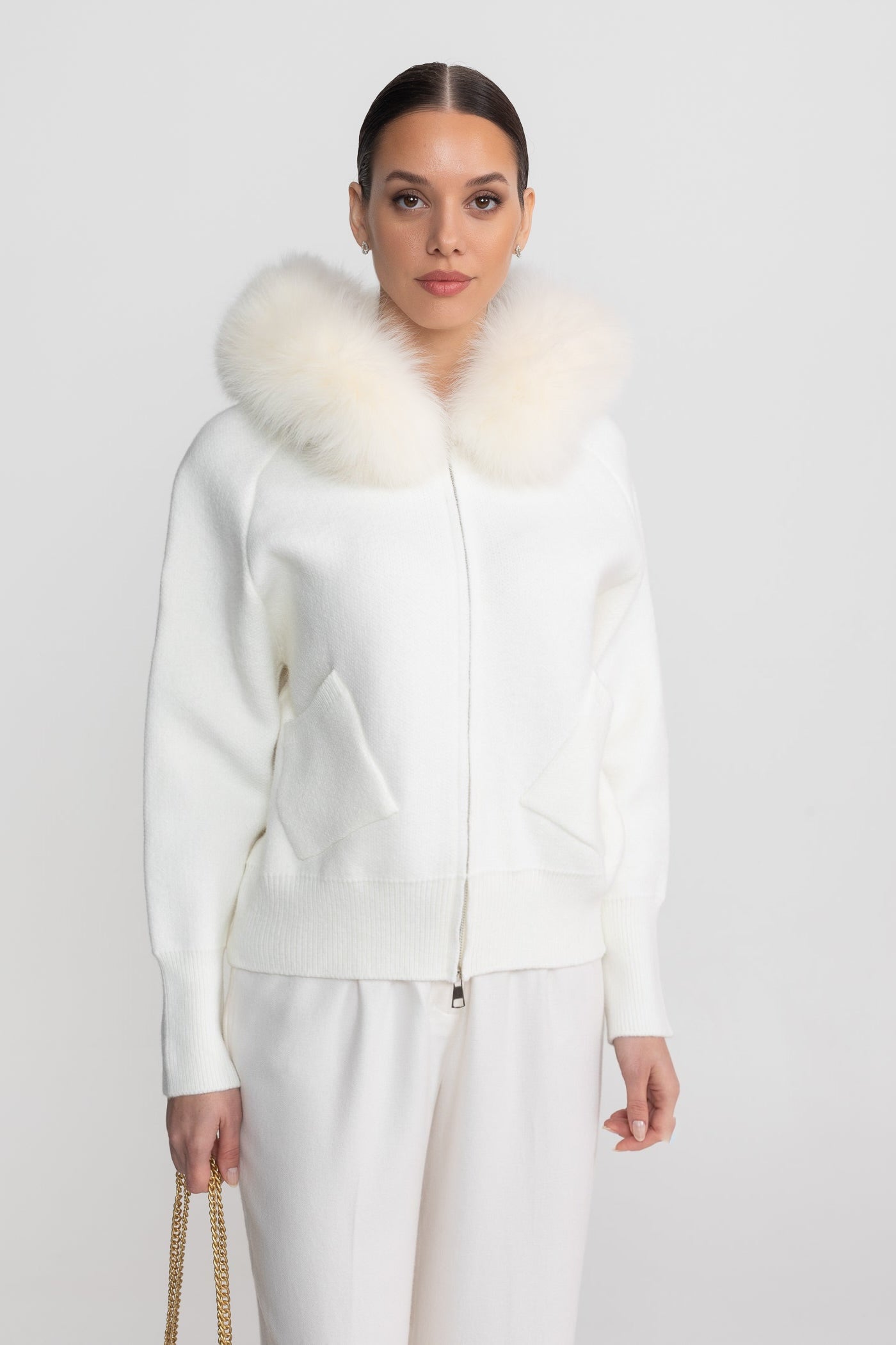 Zip-Up Wool Hoodie With Fox Fur Collar – Ivoire