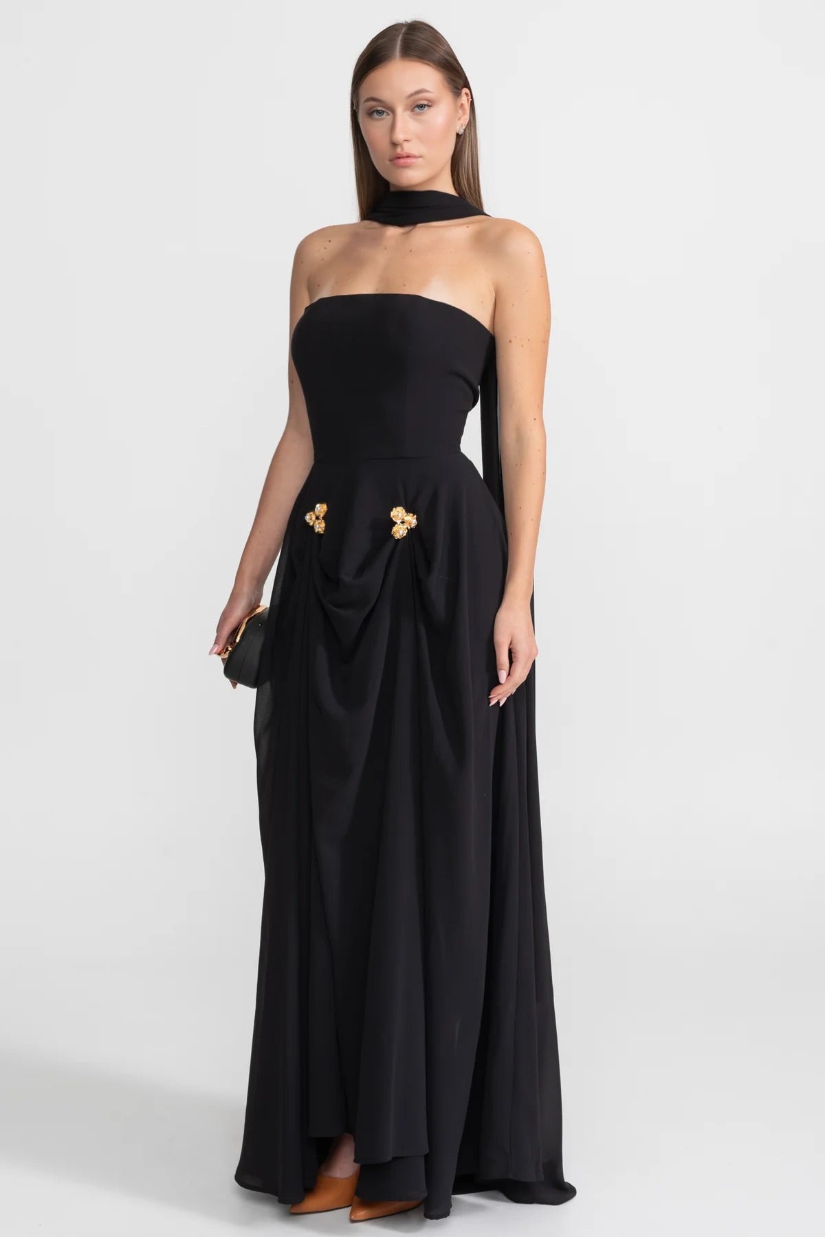 Strapless Draped Gown With Gold Flower Embellishments  Black