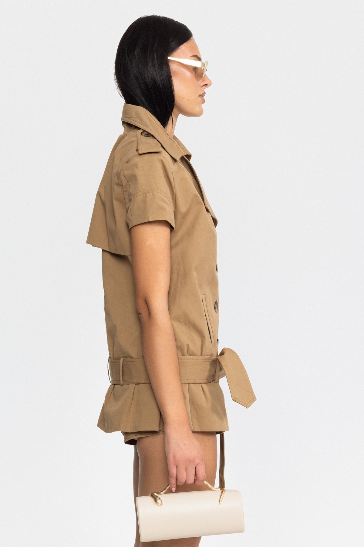 Belted Trench Top and Mini Shorts Set - Khaki