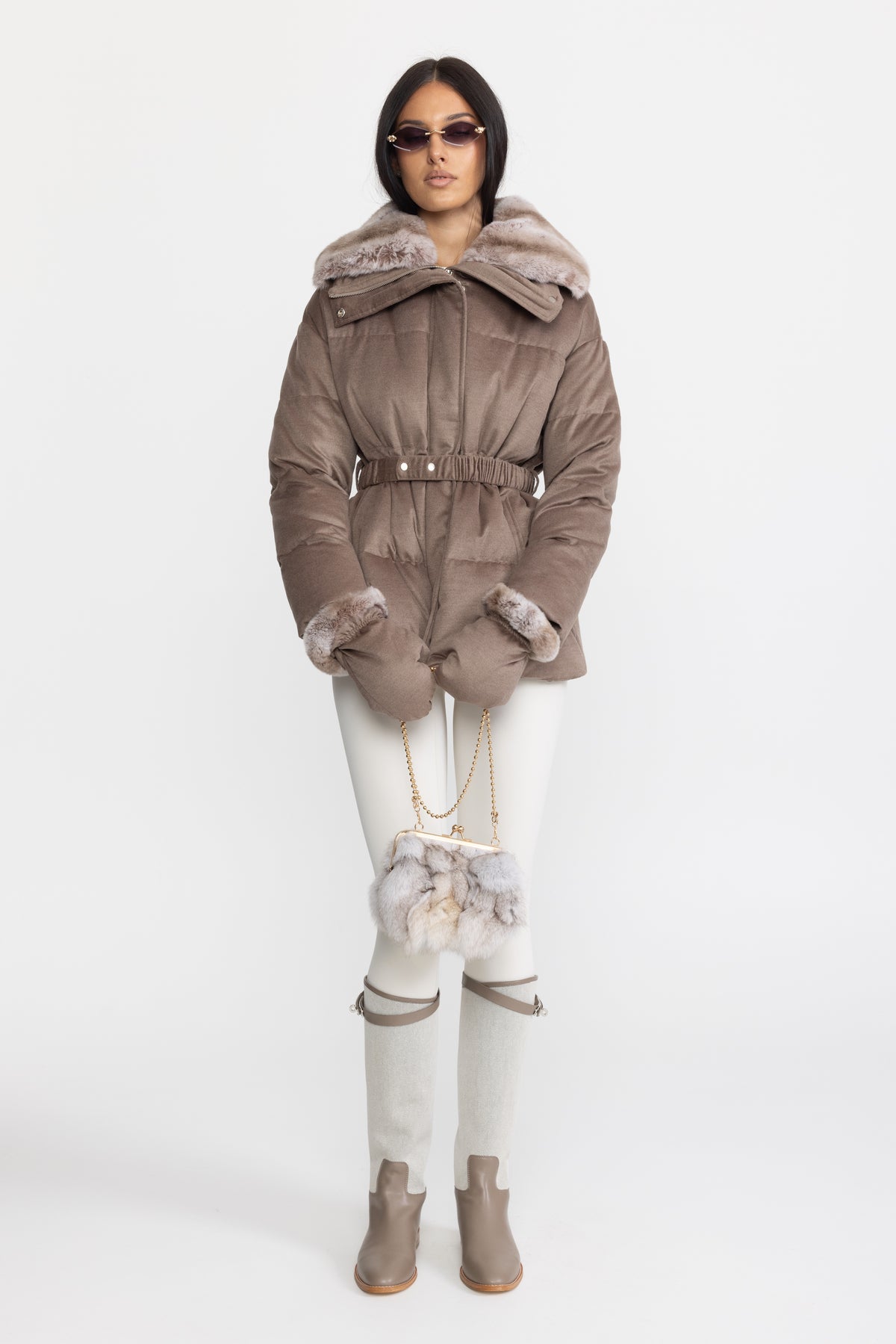 Rex Rabbit Fur Collar Cotton-Silk Down Jacket - Taupe