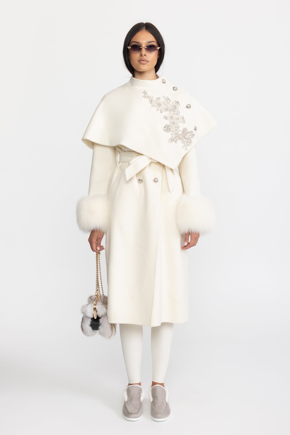 Embellished Capelet Wool Coat with Fox Fur Cuffs - Ivoire