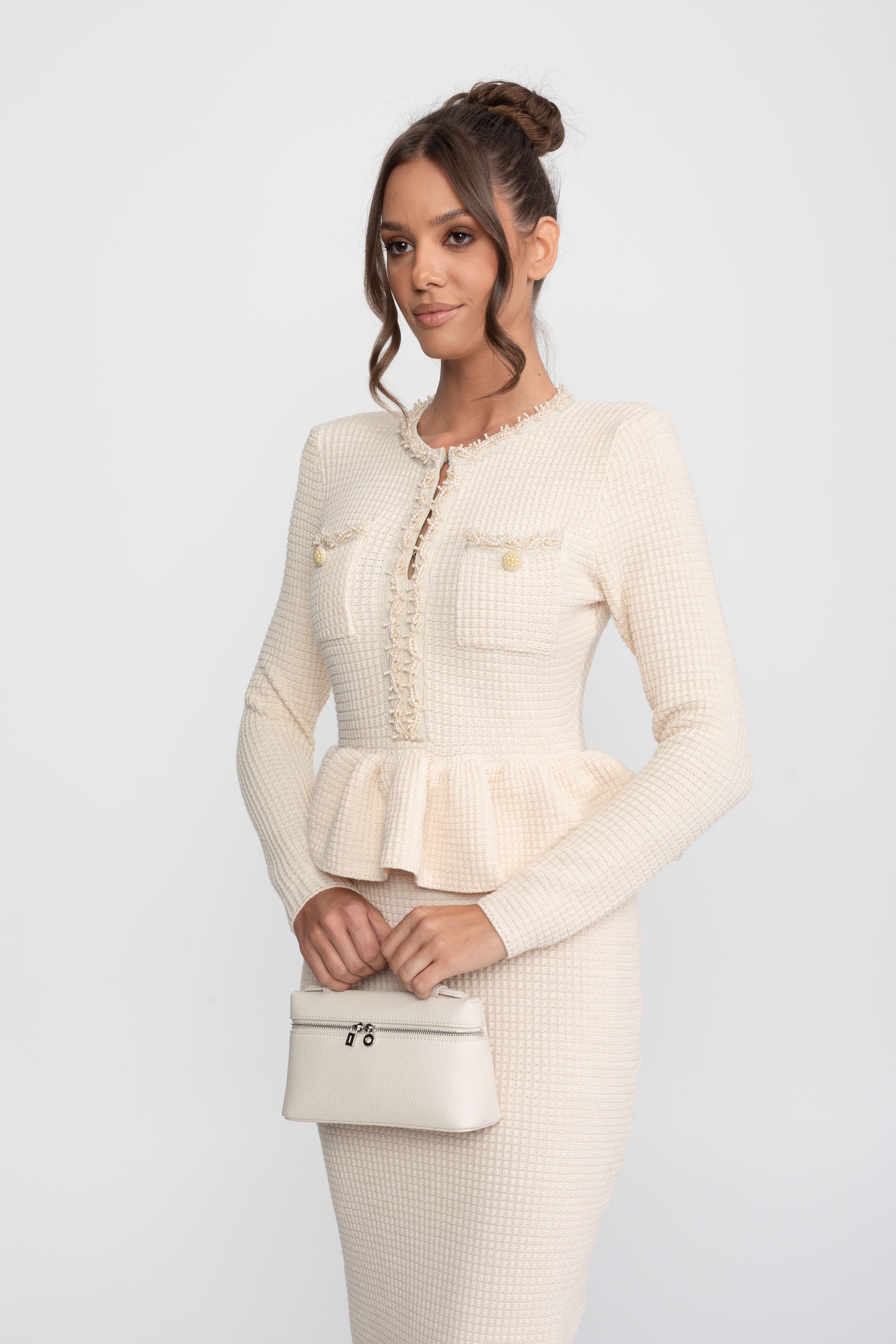 Fringe Trim Knit Peplum Dress With Front Chest Pockets - Beige