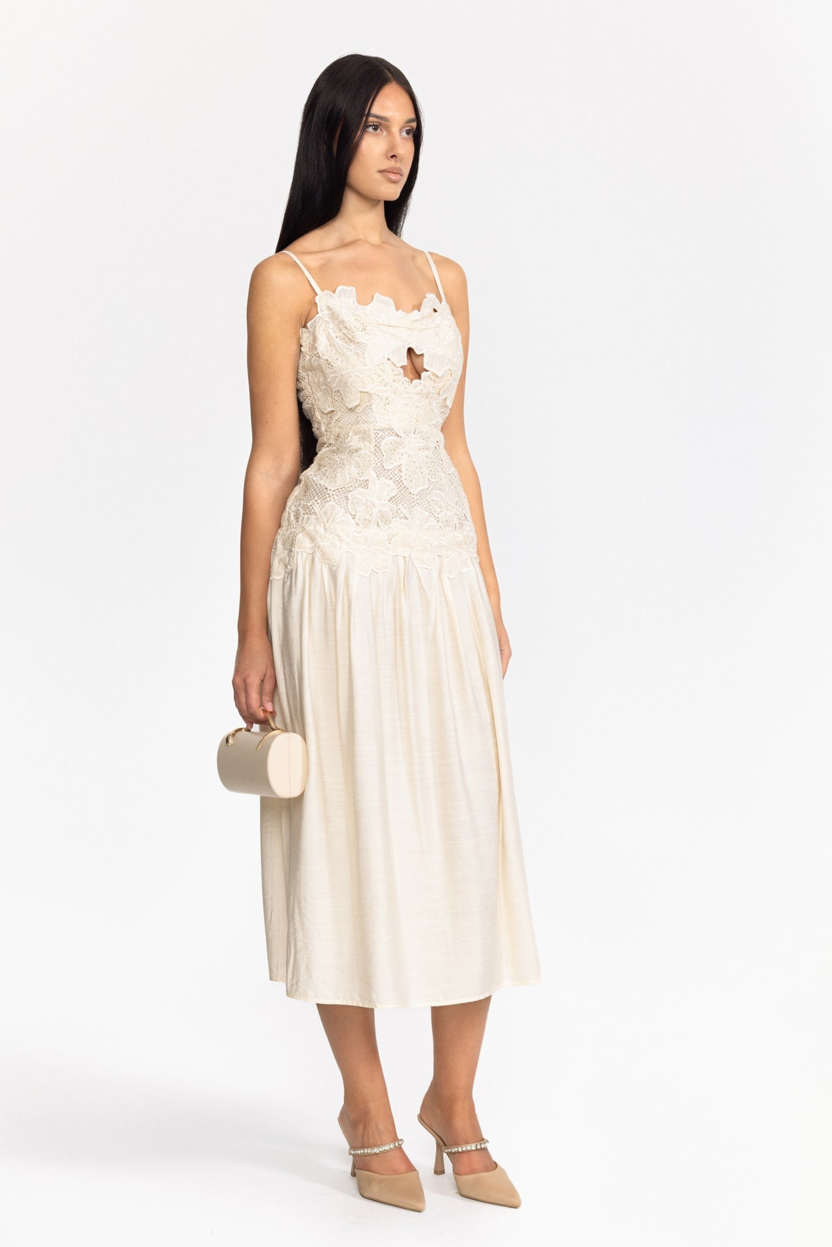 Floral Appliqué Drop Waist Midi Dress - Off-White