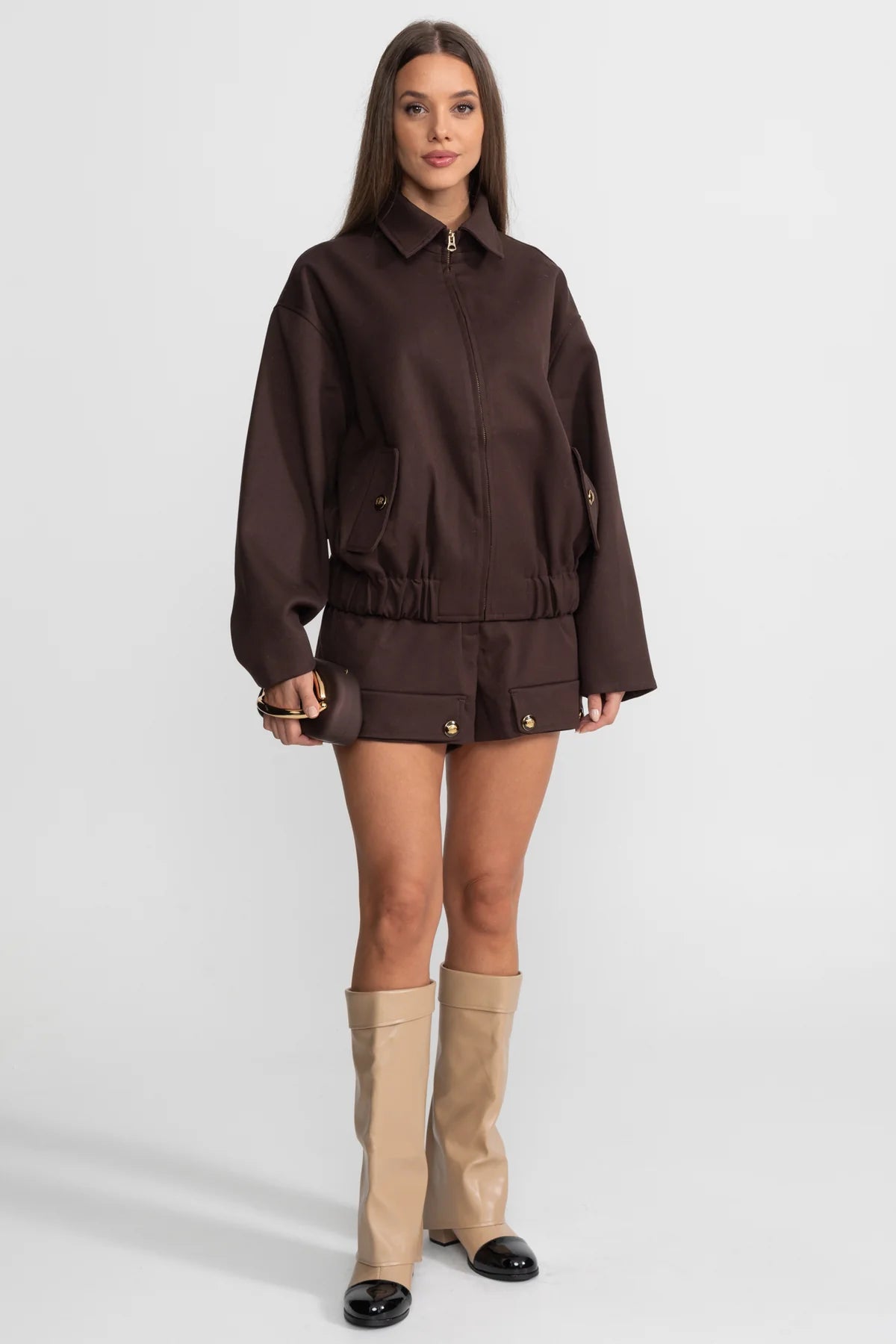 Co-Ord Set With Zip-Up Utility Jacket And Matching Mini Skirt – Brown