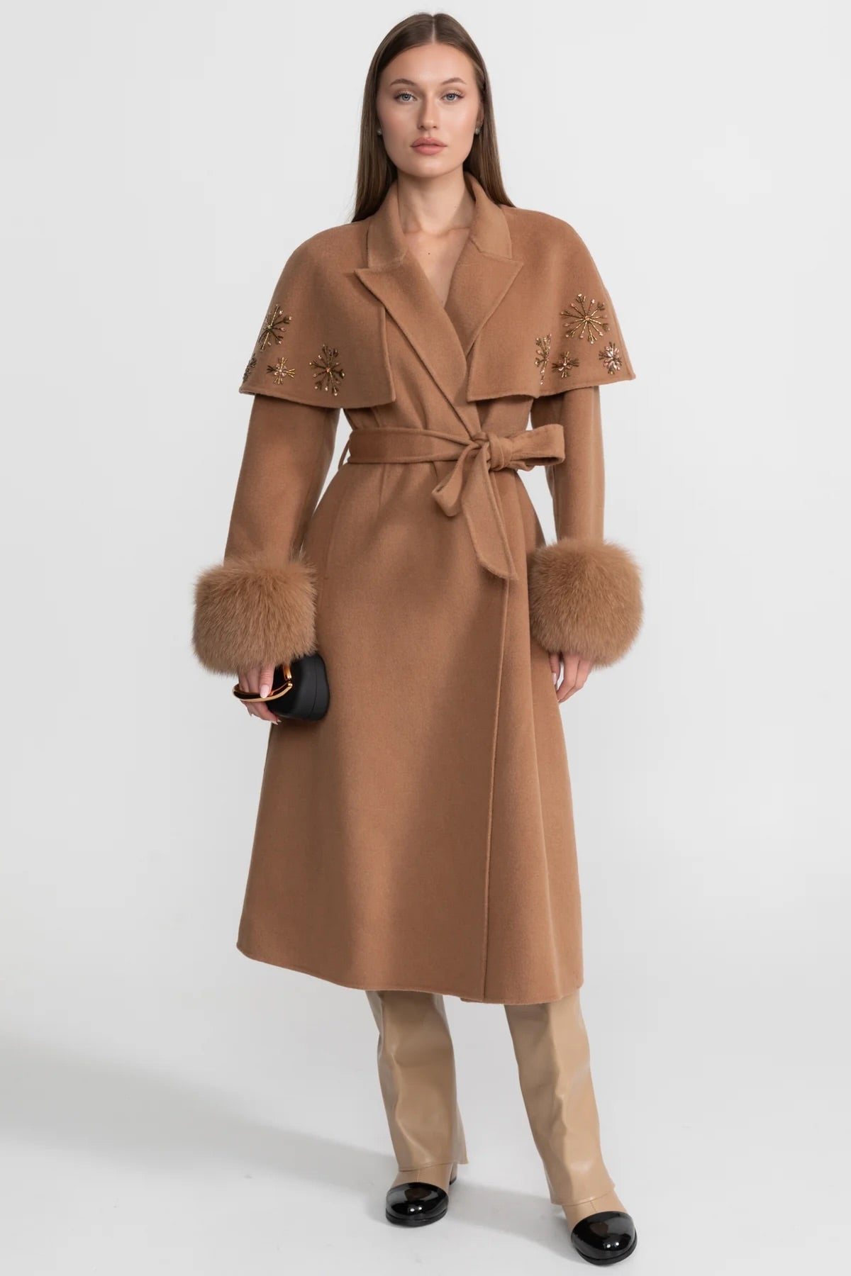 Embellished Wool Coat with Fox Fur Cuffs And Cape Overlay - Light Brown
