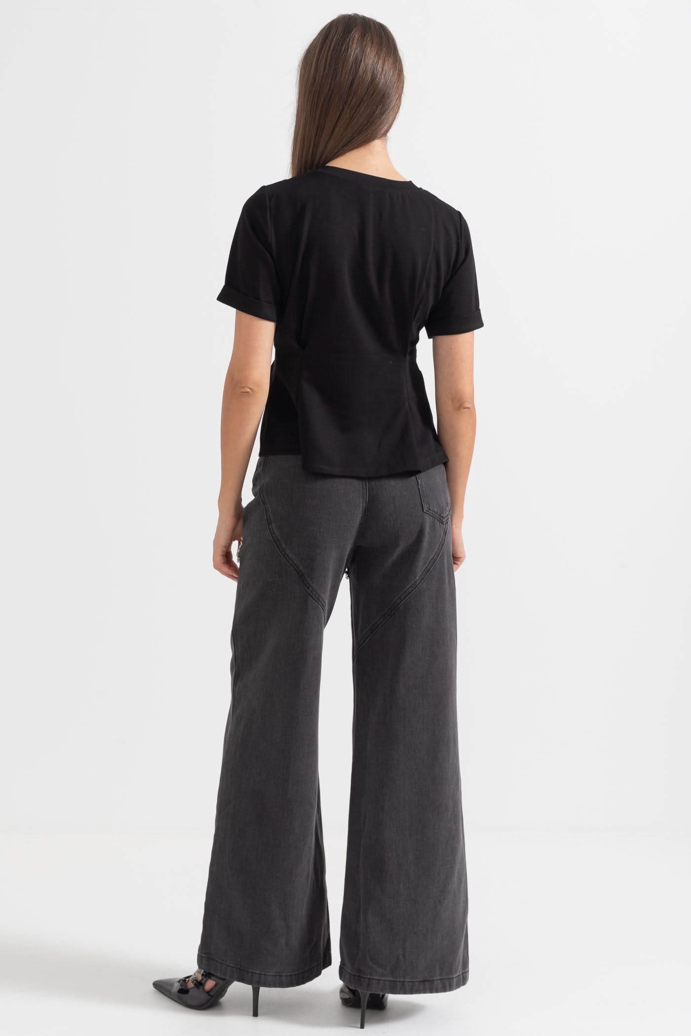Asymmetrical Pleated Top With Shoulder Chains - Black