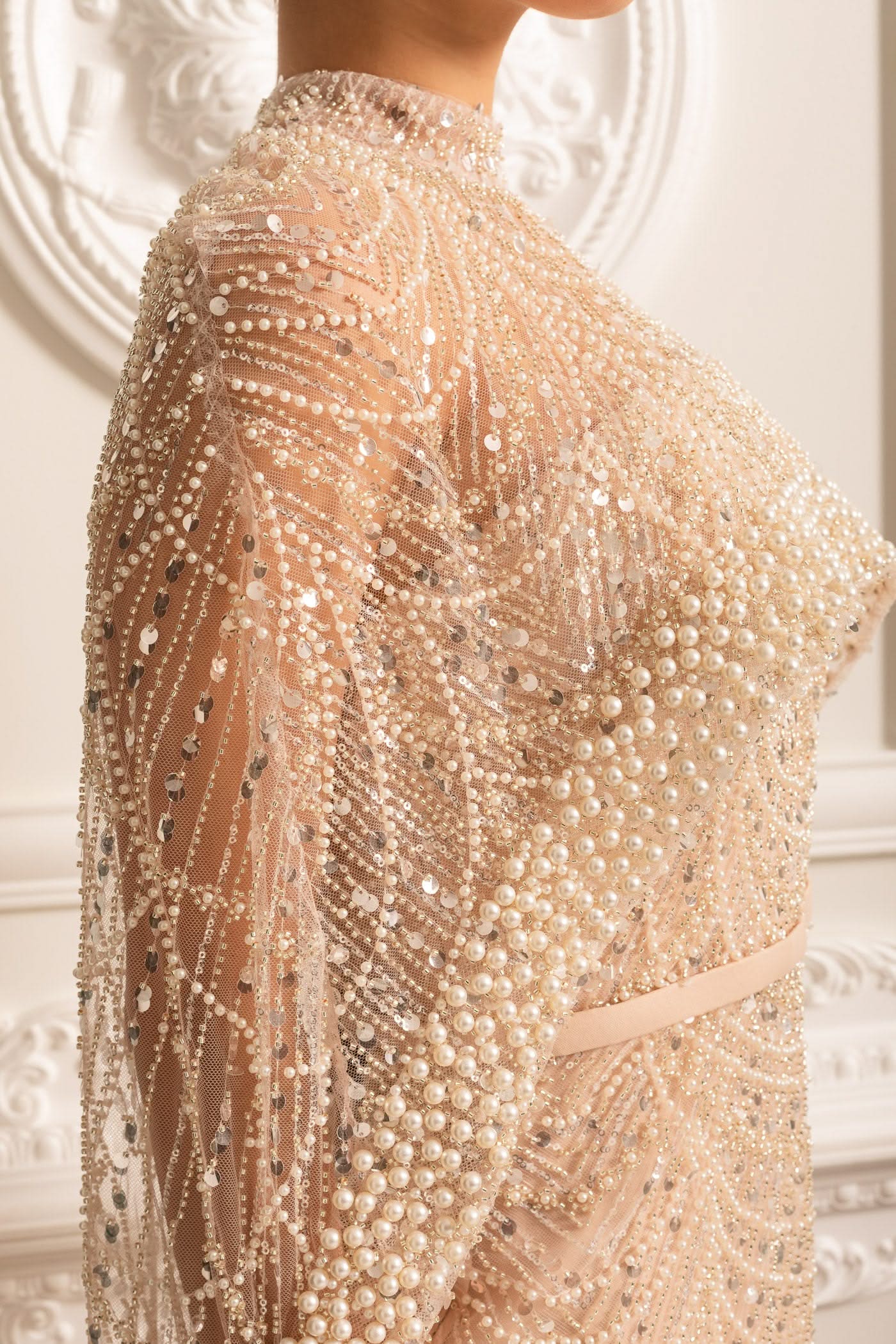 Glamourous Beaded Gown With Detachable Veil - Beige