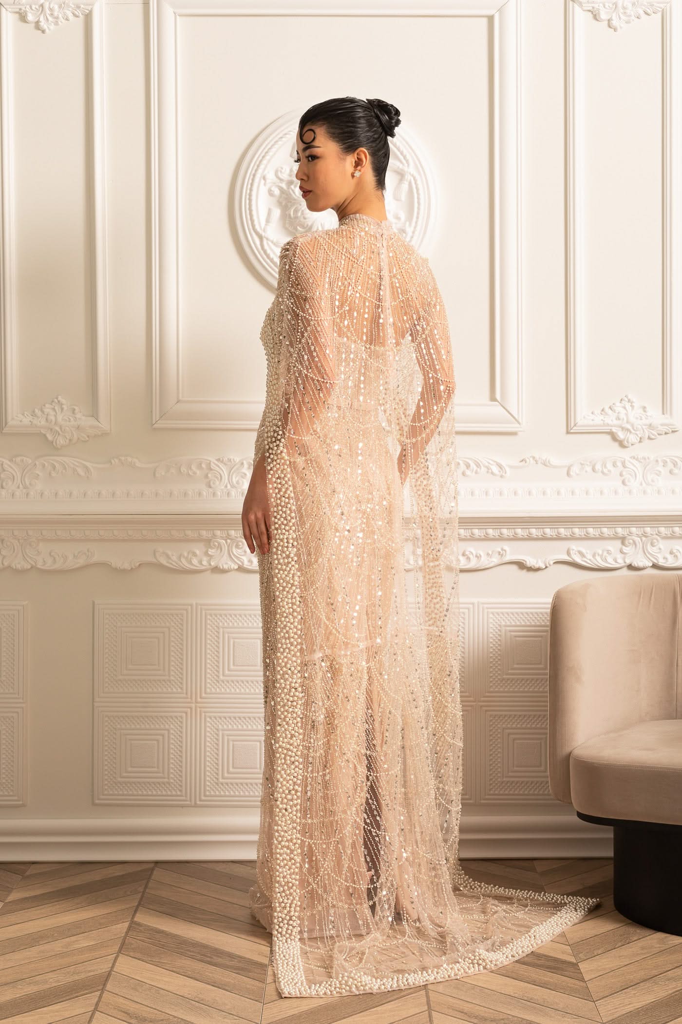 Glamourous Beaded Gown With Detachable Veil - Beige