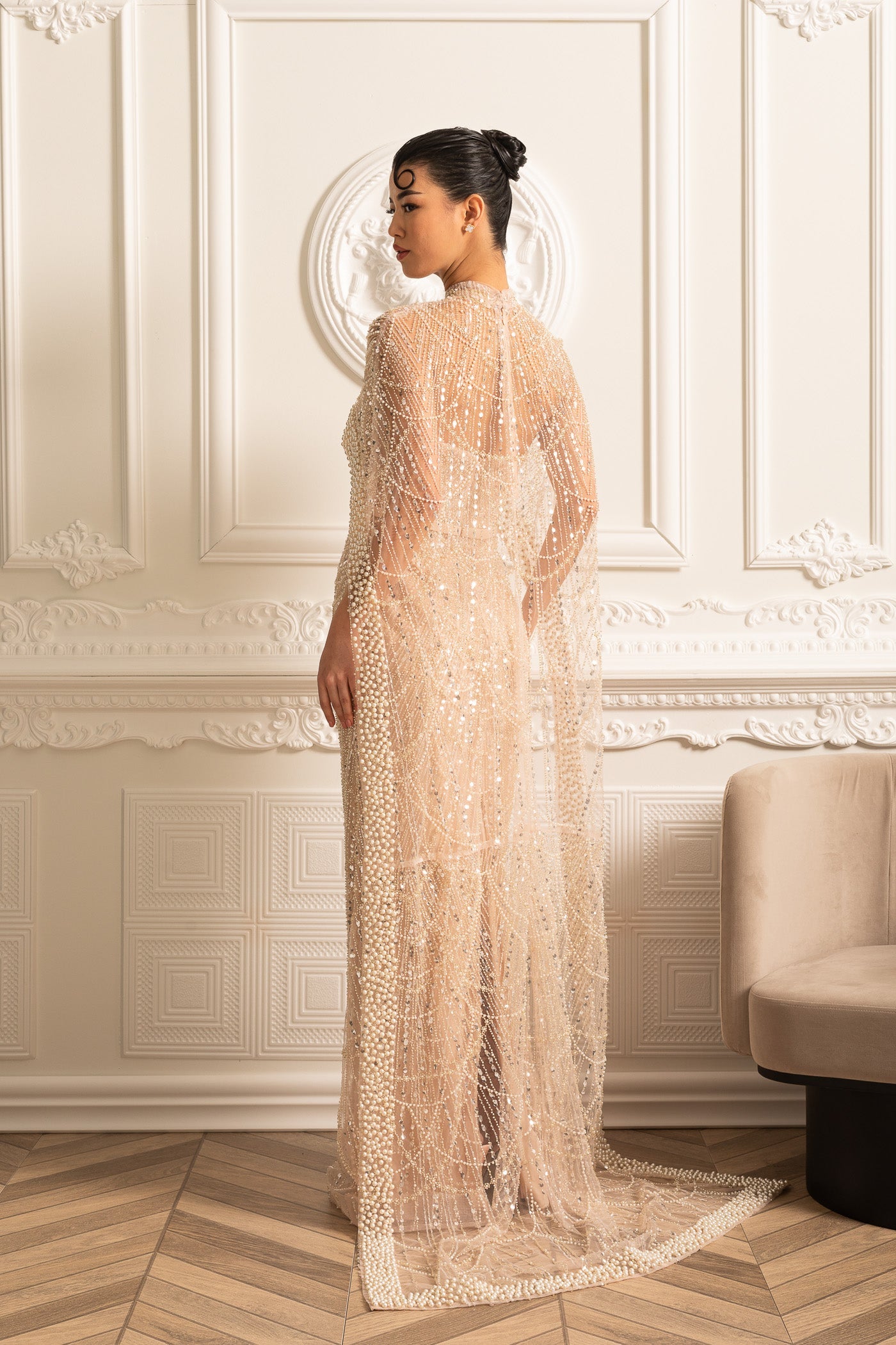 Glamourous Beaded Gown With Detachable Veil - Beige