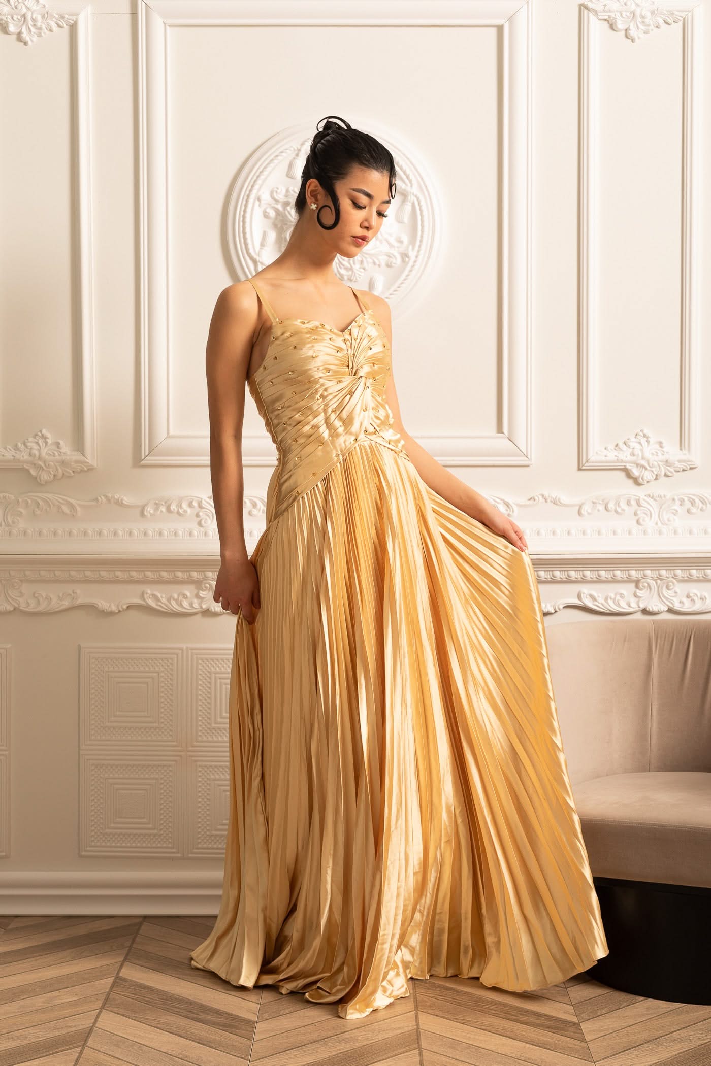 Cascade Gown With Back Lace Detail - Gold