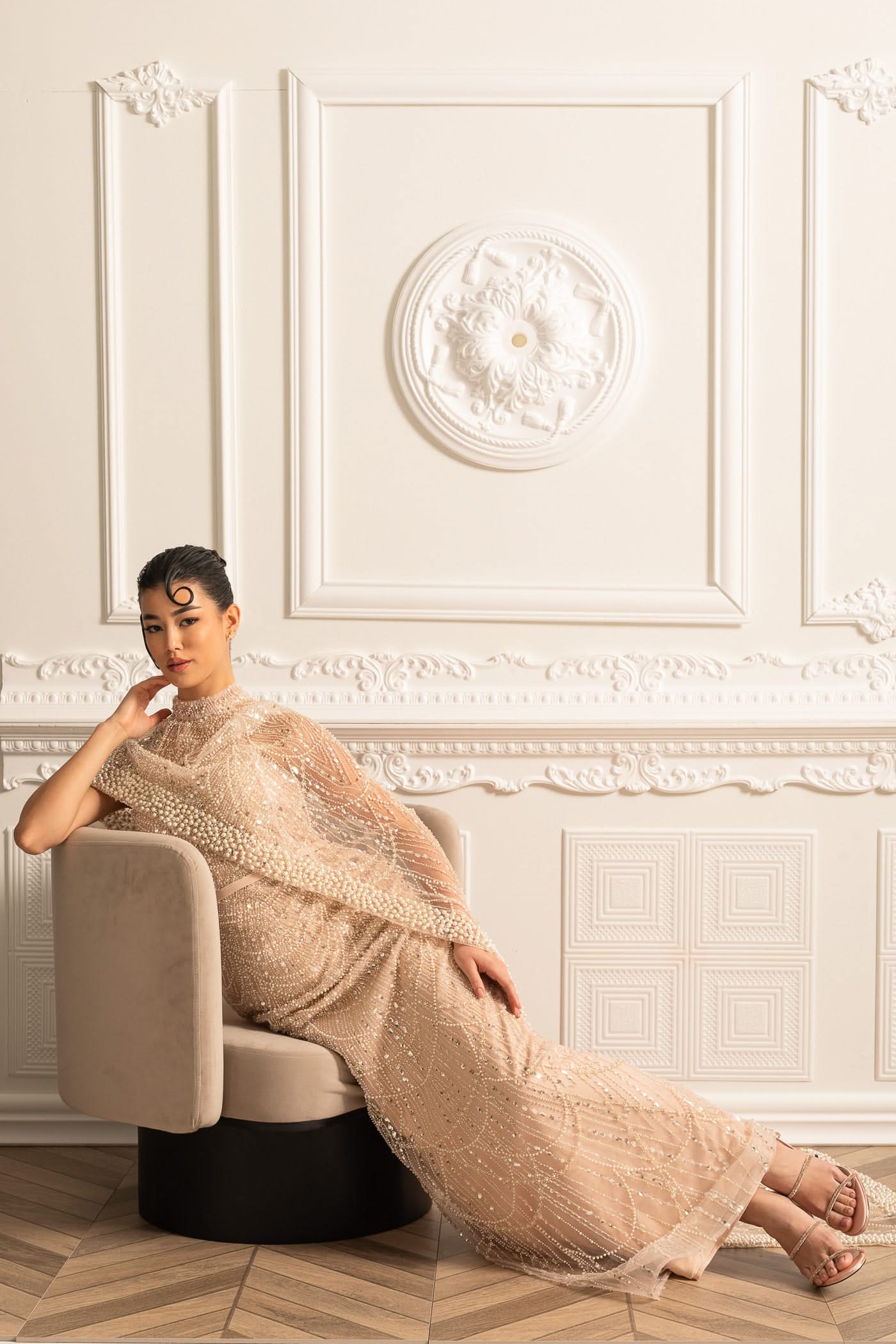 Glamourous Beaded Gown With Detachable Veil - Beige